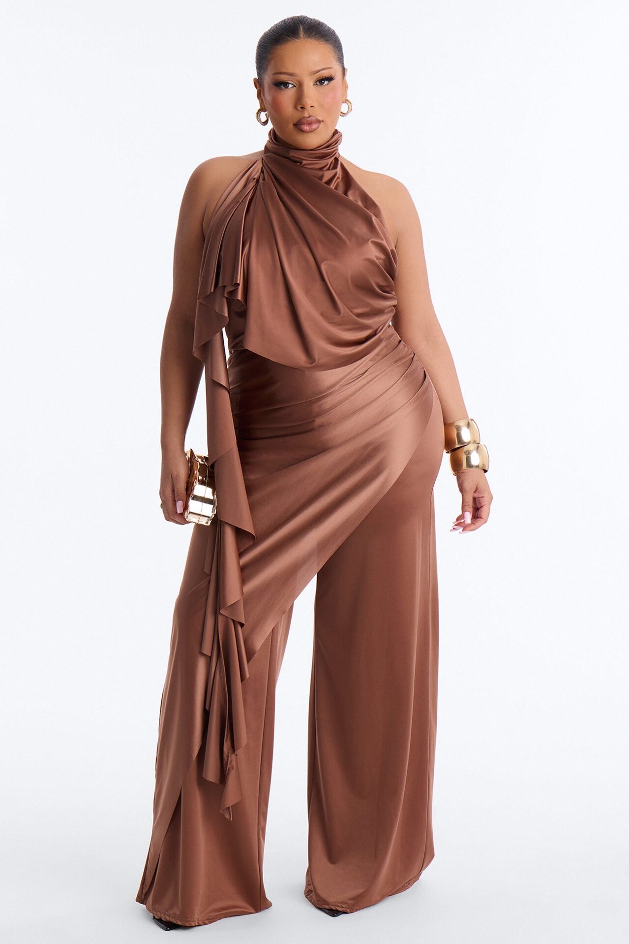 Chic Motives Draped Wide Leg Jumpsuit - Bronze