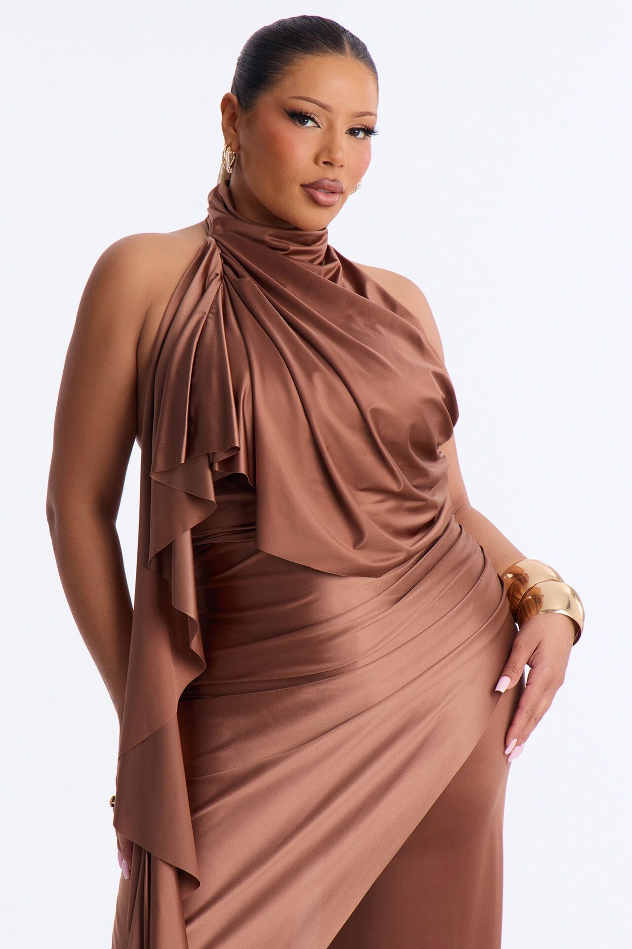Chic Motives Draped Wide Leg Jumpsuit - Bronze