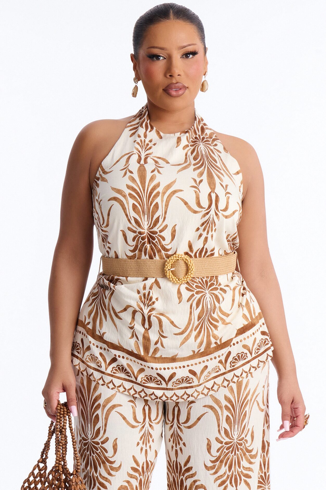 Vacation Fantasy Belted Linen Pant Set - Cream/combo