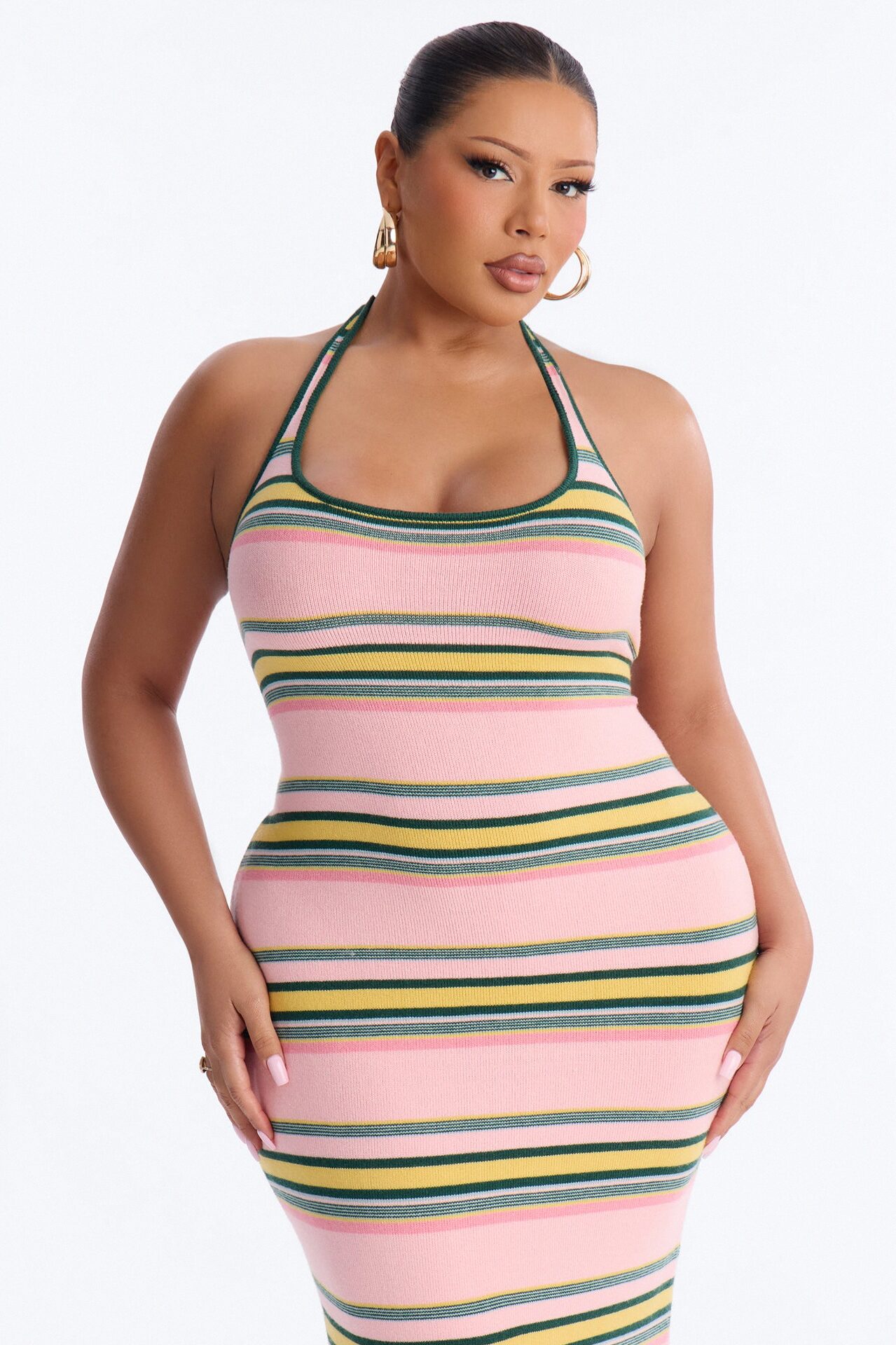 Bennie Halter Striped Sweater Maxi Dress - Pink/combo