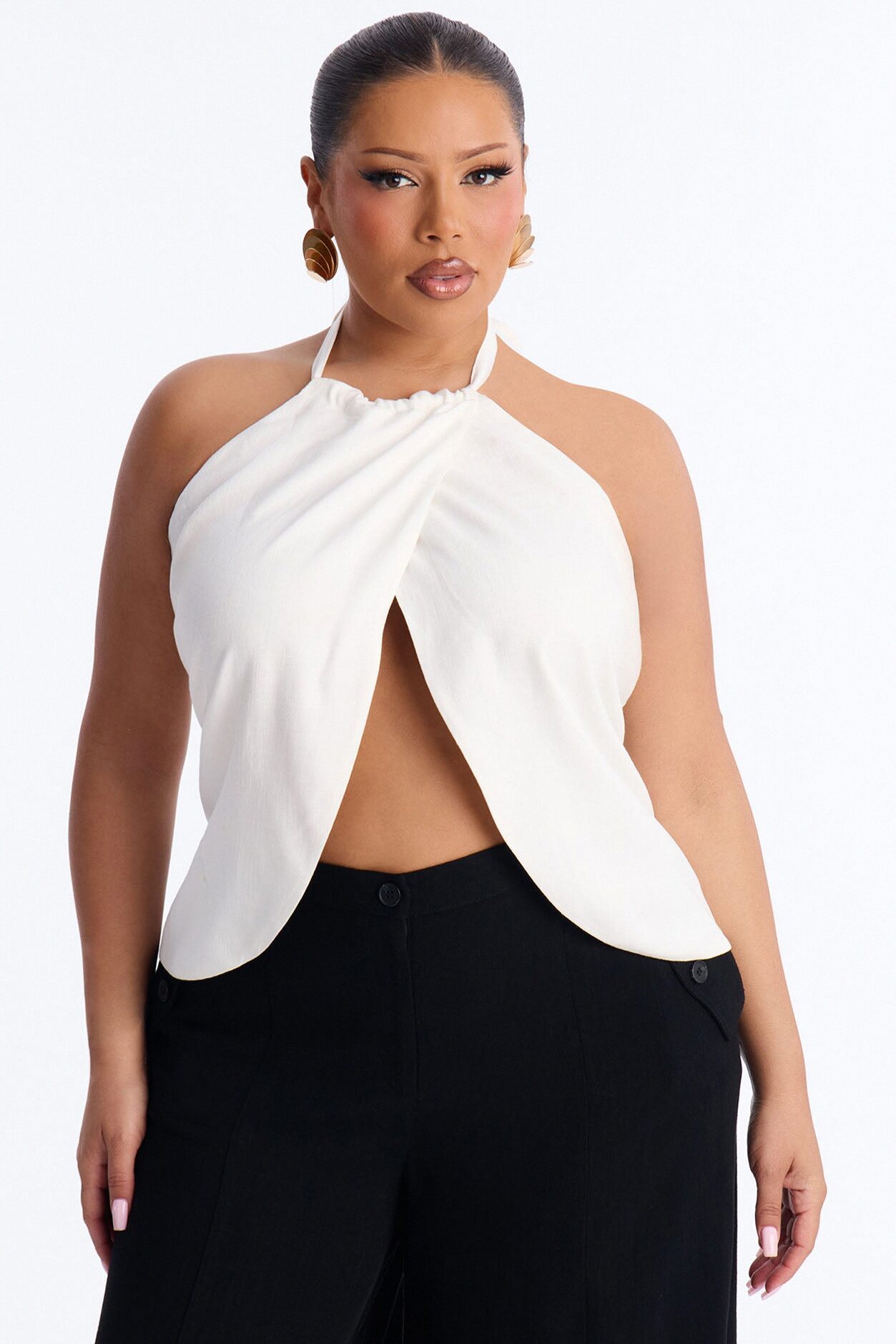 Snack First Wrap Over Linen Halter Top - White