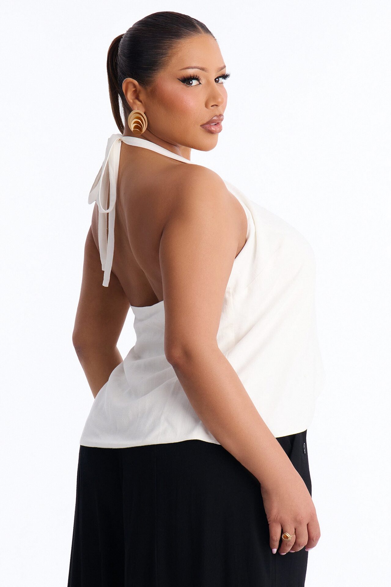 Snack First Wrap Over Linen Halter Top - White