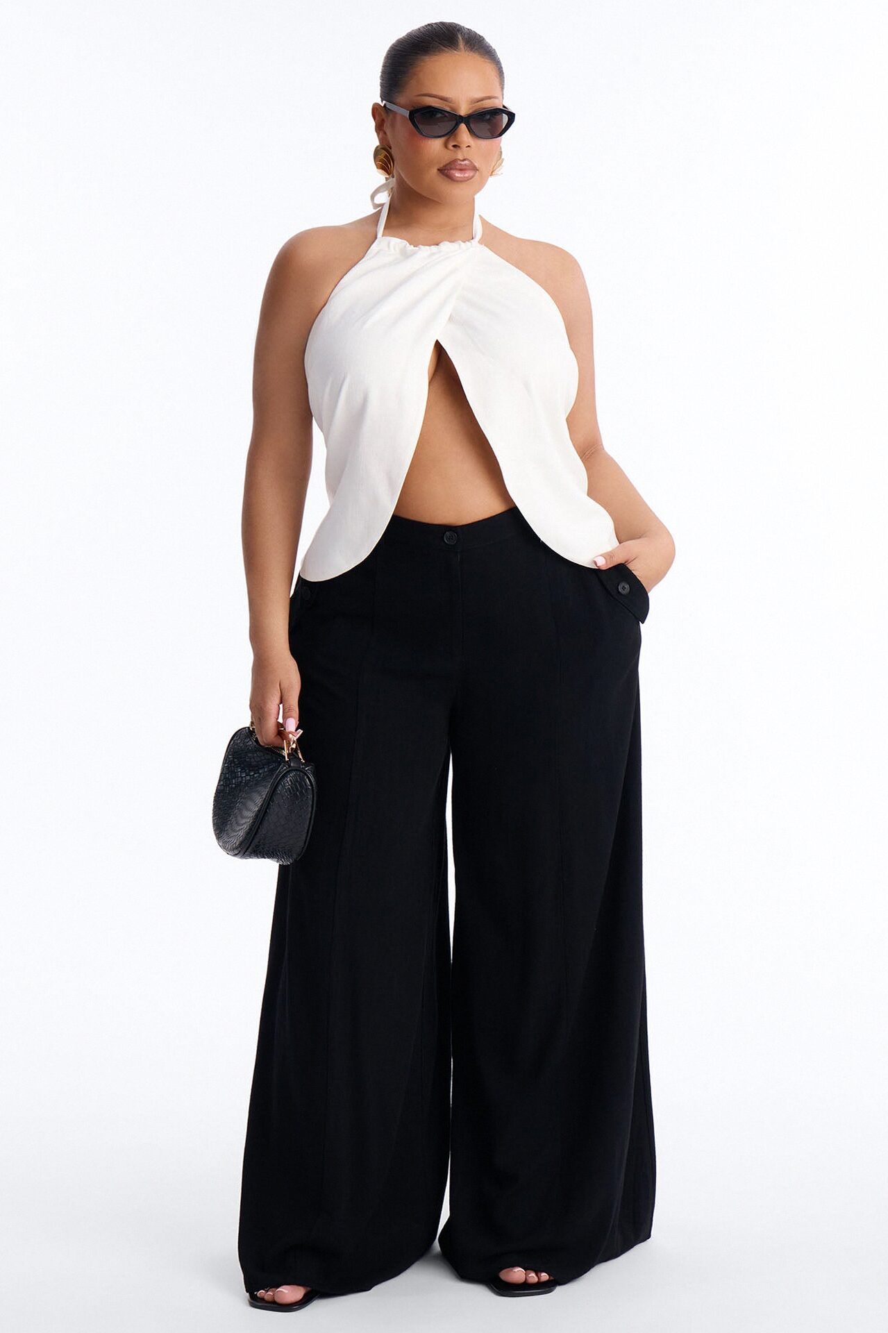 Snack First Wrap Over Linen Halter Top - White