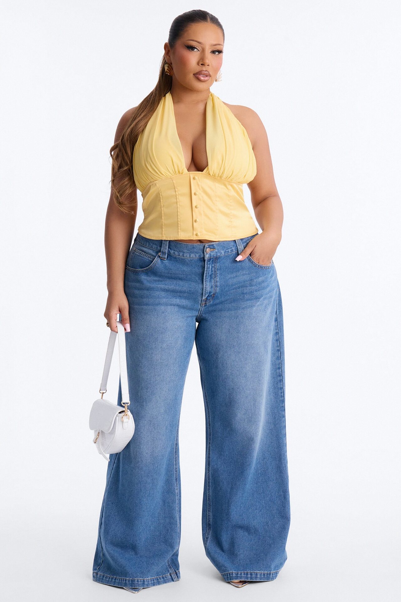 All Eyes Here Tie Neck Satin Halter Top - Yellow