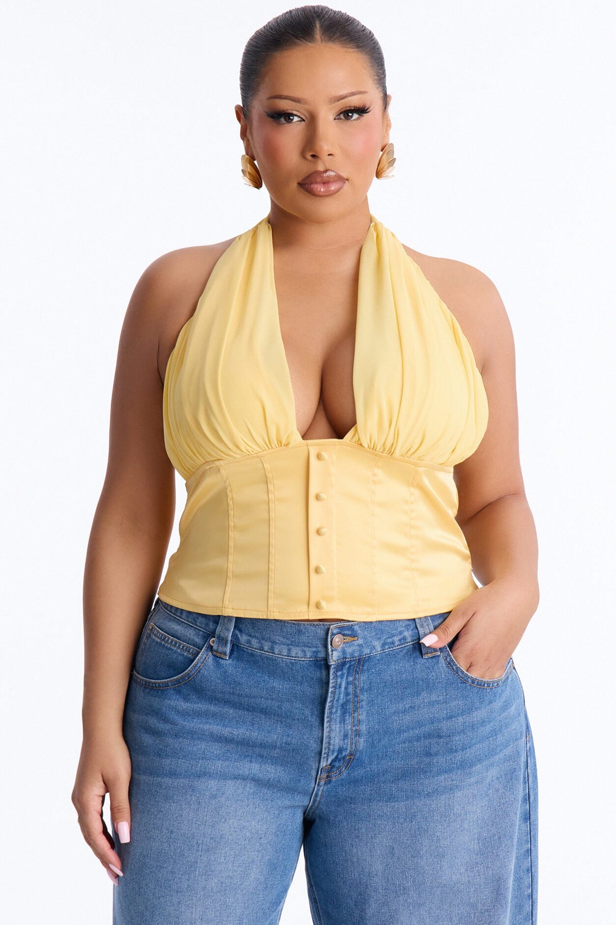 All Eyes Here Tie Neck Satin Halter Top - Yellow
