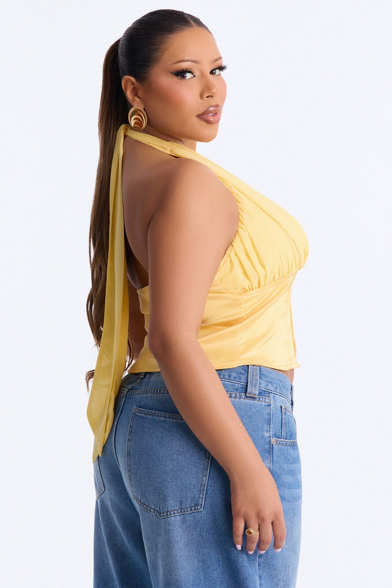 All Eyes Here Tie Neck Satin Halter Top - Yellow