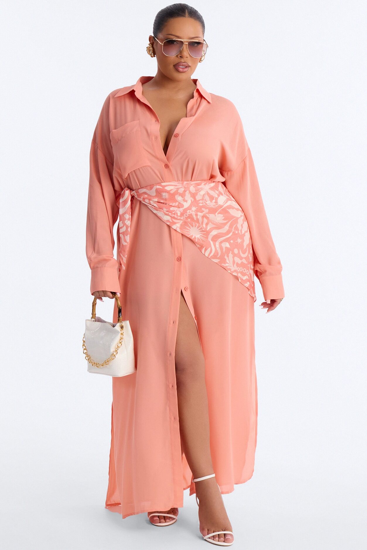 Kaylah Scarf Waist Shirt Maxi Dress - Peach/combo