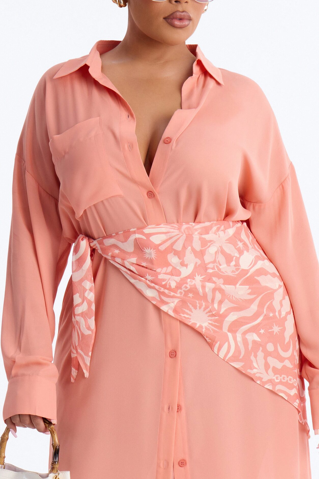 Kaylah Scarf Waist Shirt Maxi Dress - Peach/combo