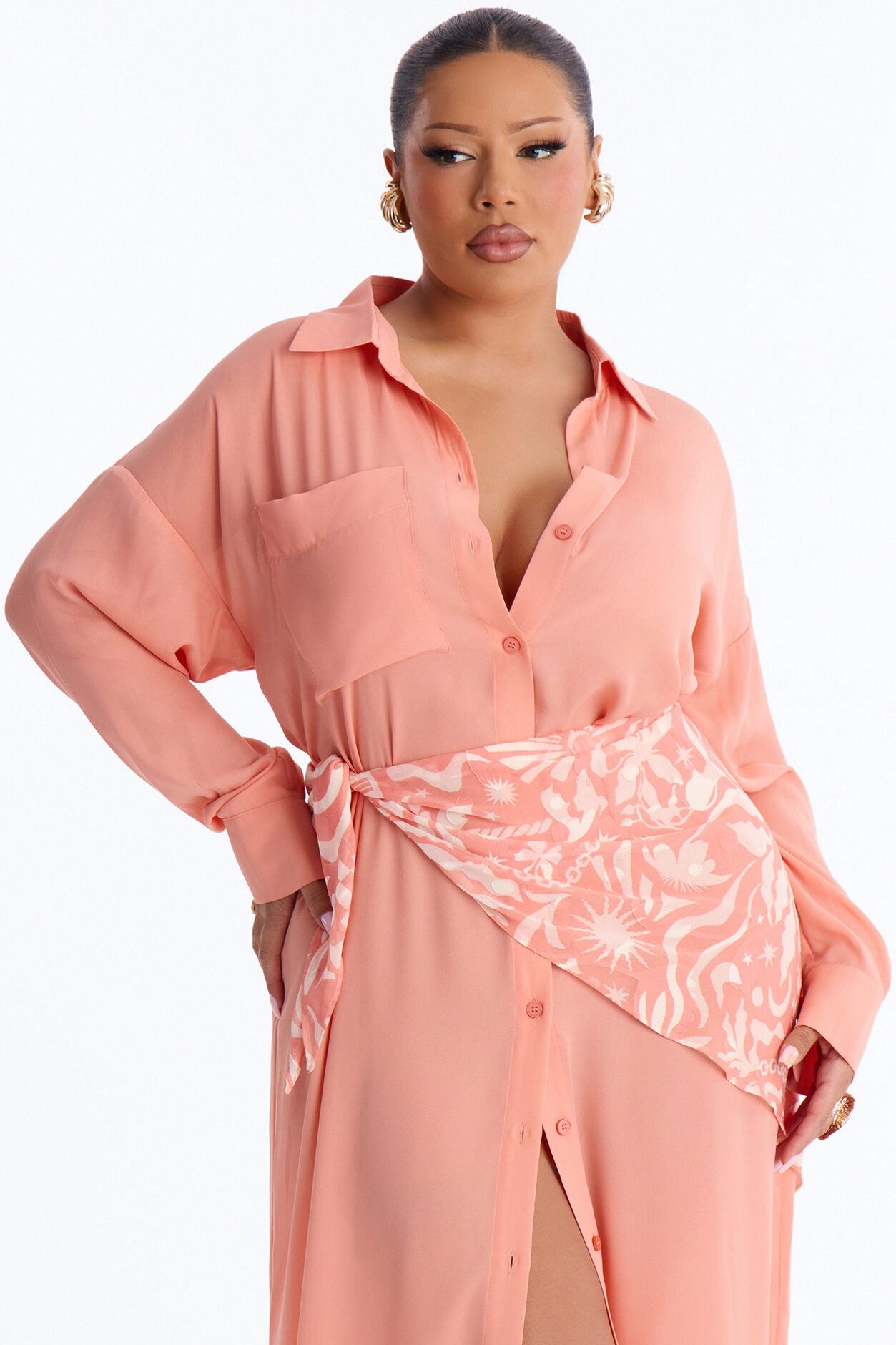 Kaylah Scarf Waist Shirt Maxi Dress - Peach/combo