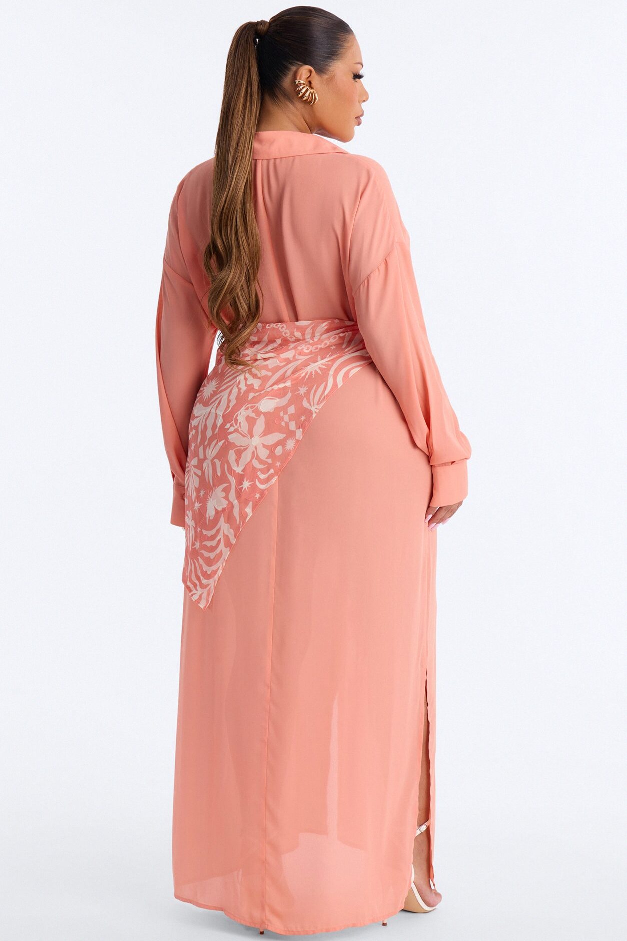Kaylah Scarf Waist Shirt Maxi Dress - Peach/combo