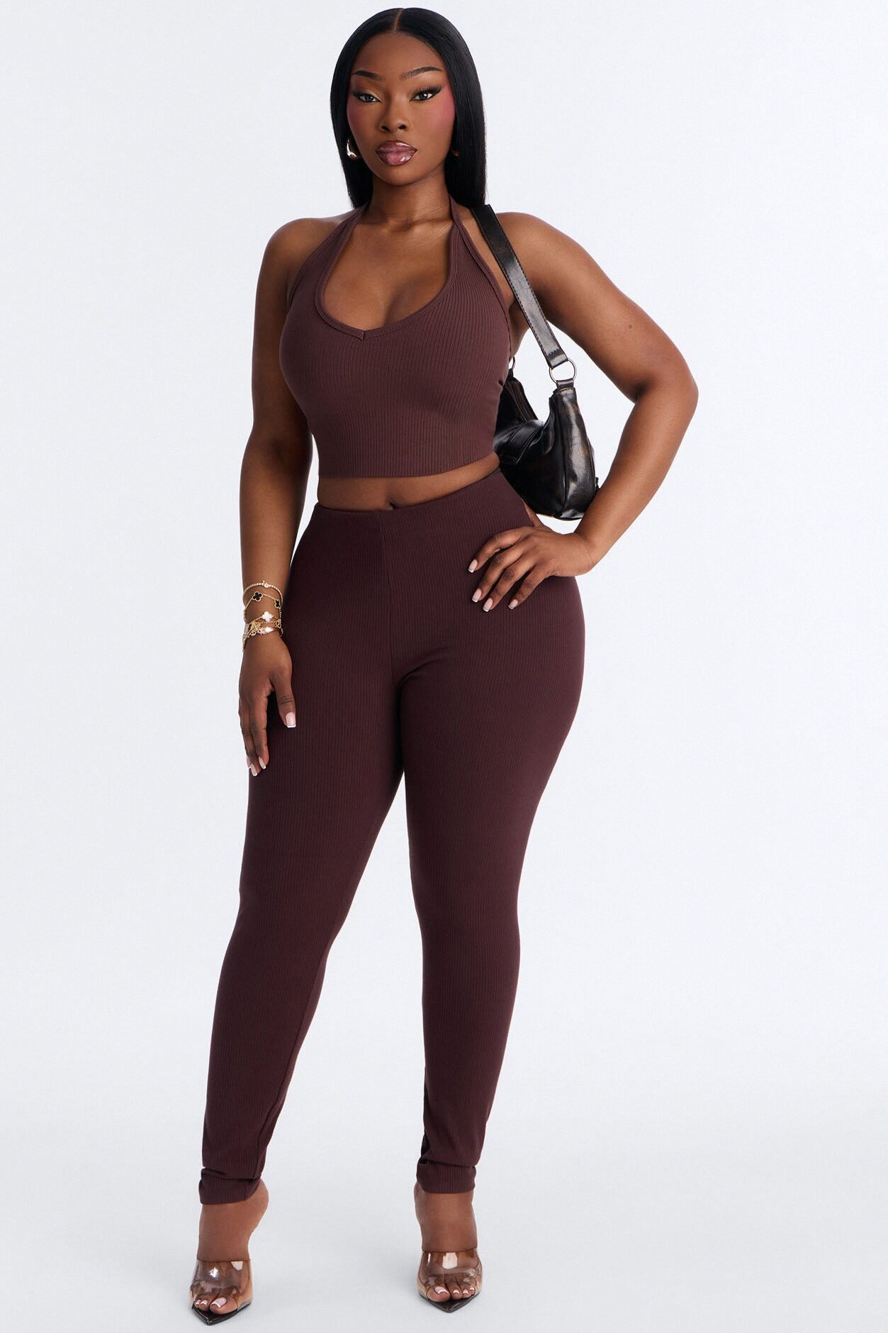 Ultra Ribbed Mid Rise Legging - Chocolate
