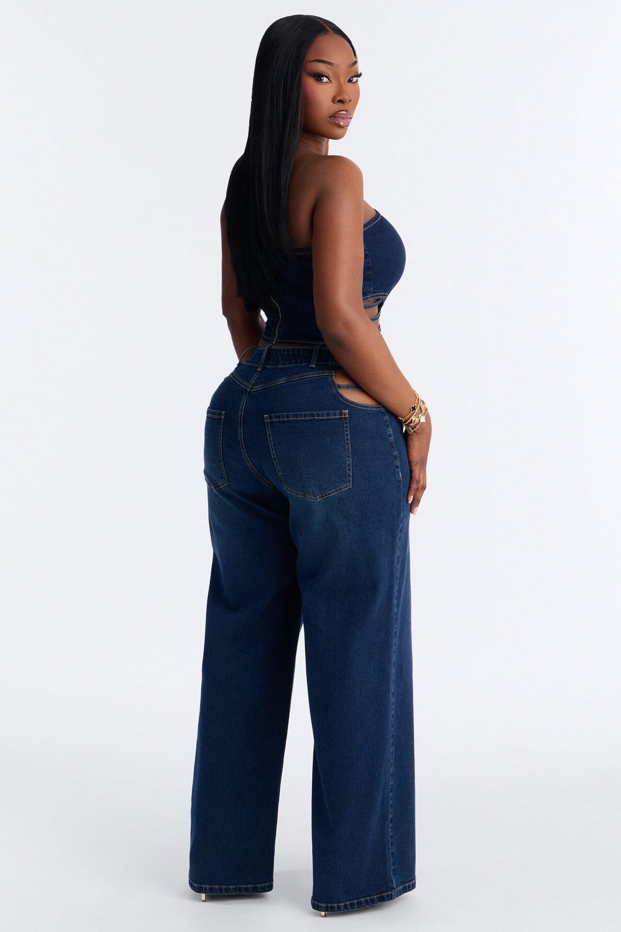 Arazia Denim Cut Out Pant Set - Dark Denim