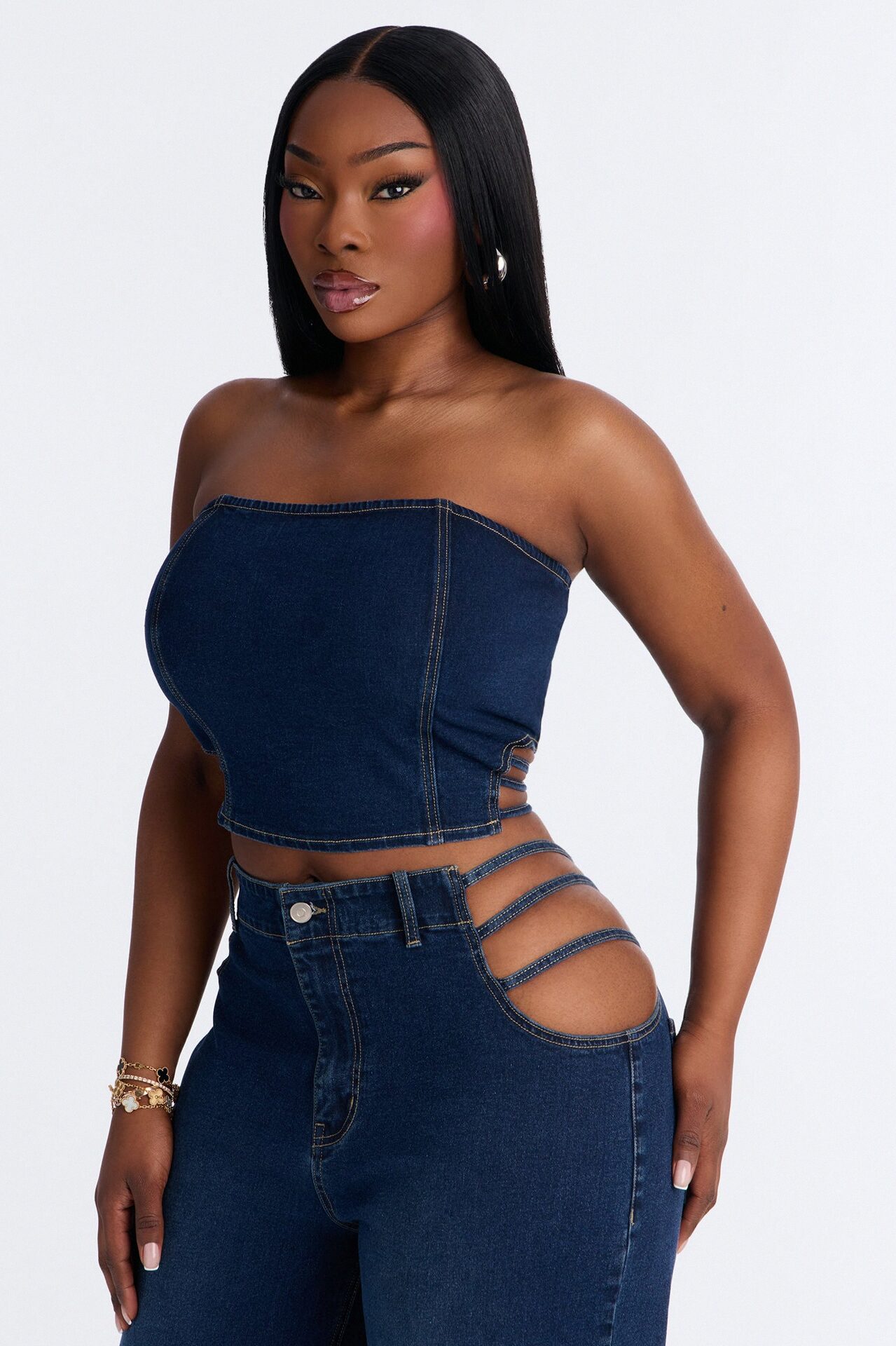 Arazia Denim Cut Out Pant Set - Dark Denim