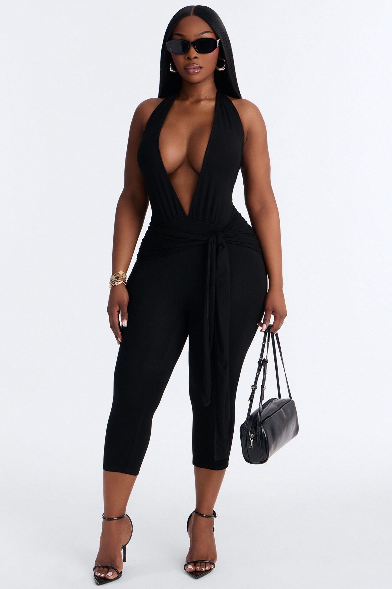 Karla Plunge Capri Catsuit - Black