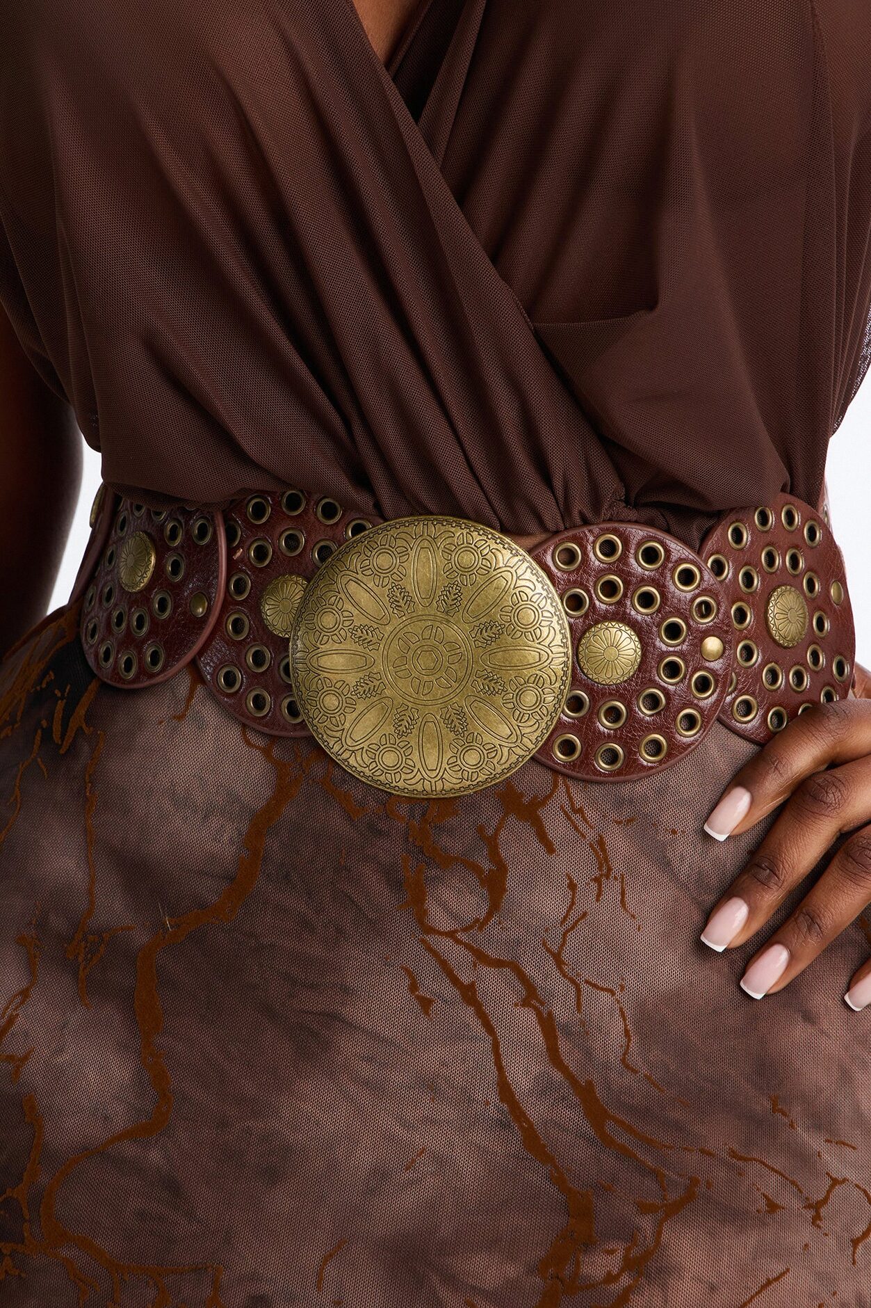 Sand Dust Faux Leather Wide Stretch Belt - Brown