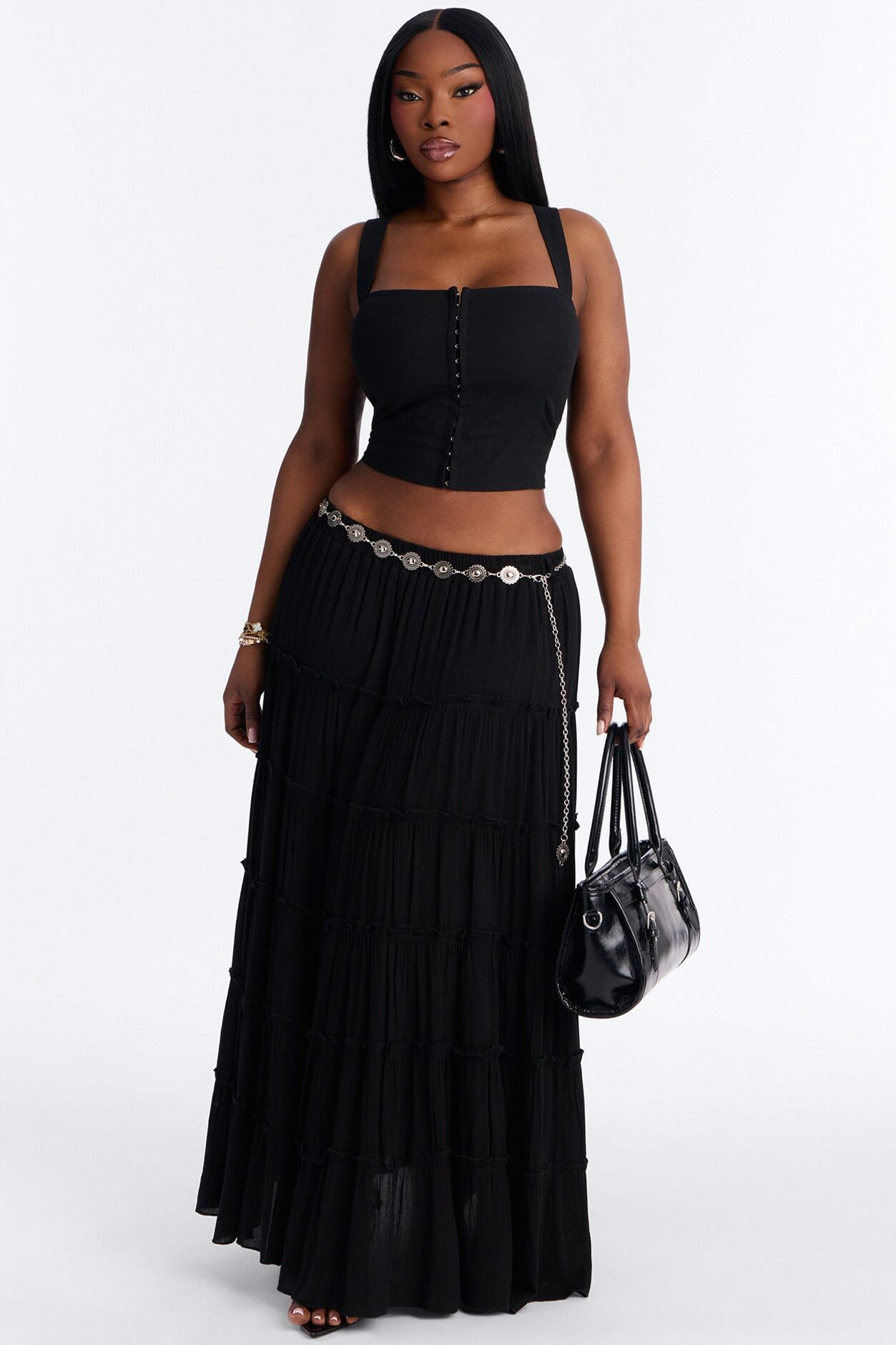 Free Spirit Low Rise Belted Tiered Maxi Skirt - Black