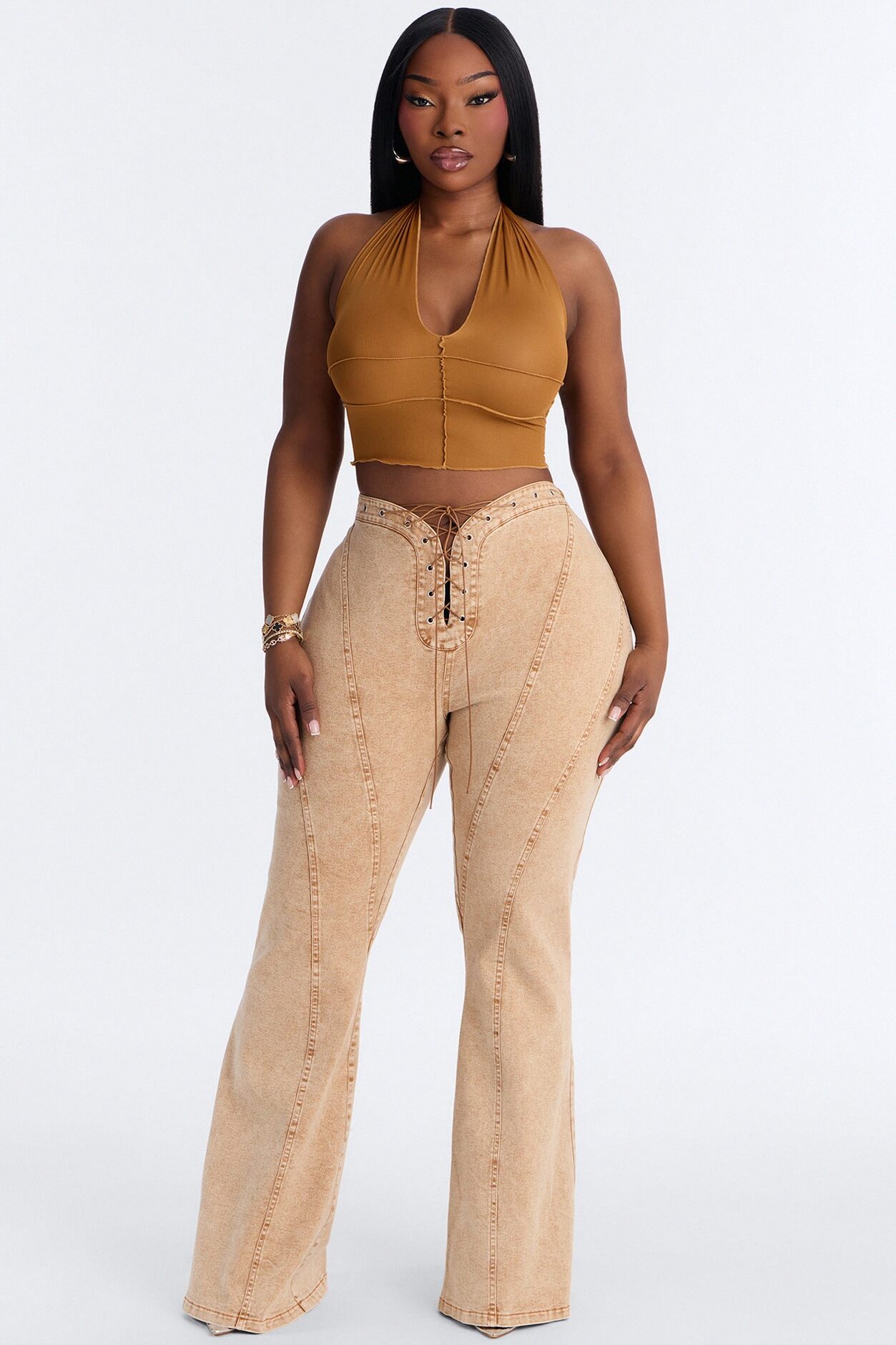Run this Town Lace Up Washed Flared Pant - Brown