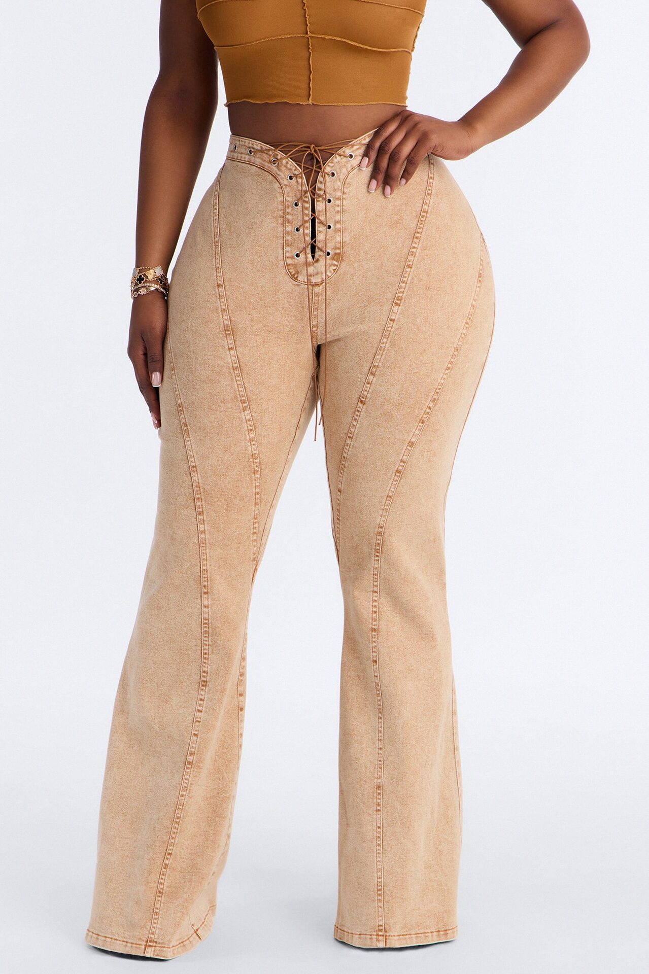 Run this Town Lace Up Washed Flared Pant - Brown