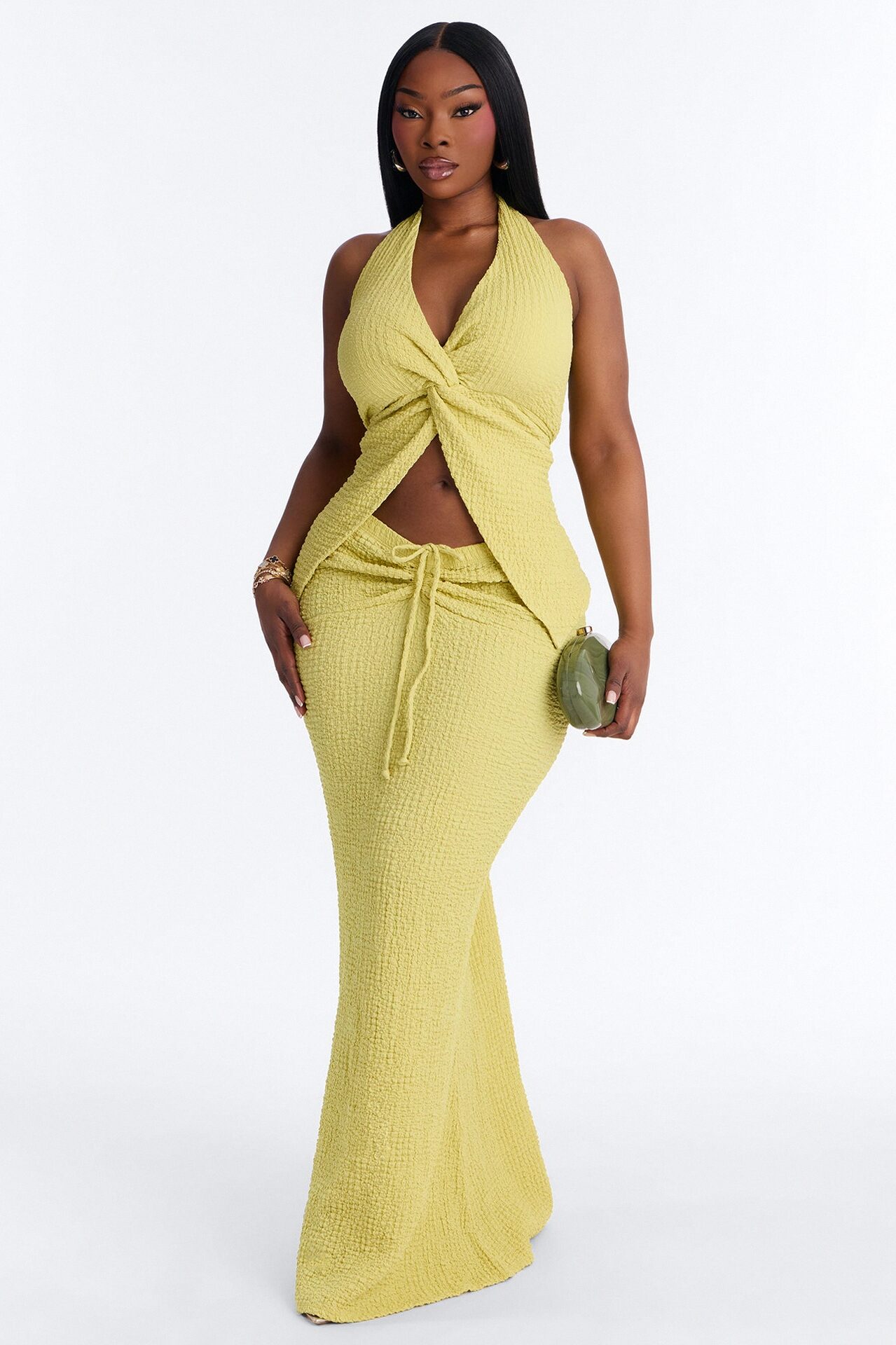 Arielle Halter Textured Skirt Set - Chartreuse