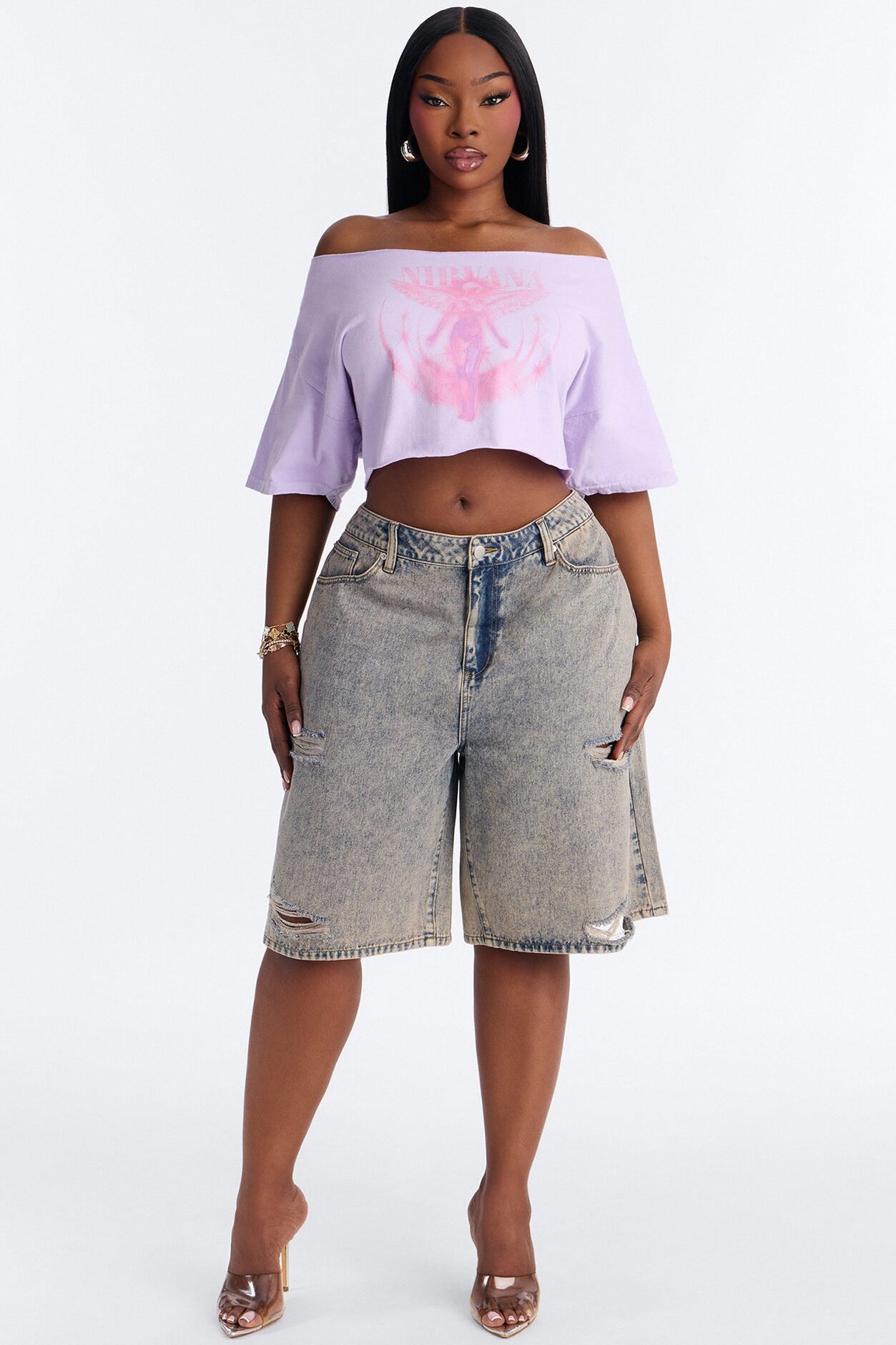 Nirvana Utero Off Shoulder Cropped Tee - Lavender