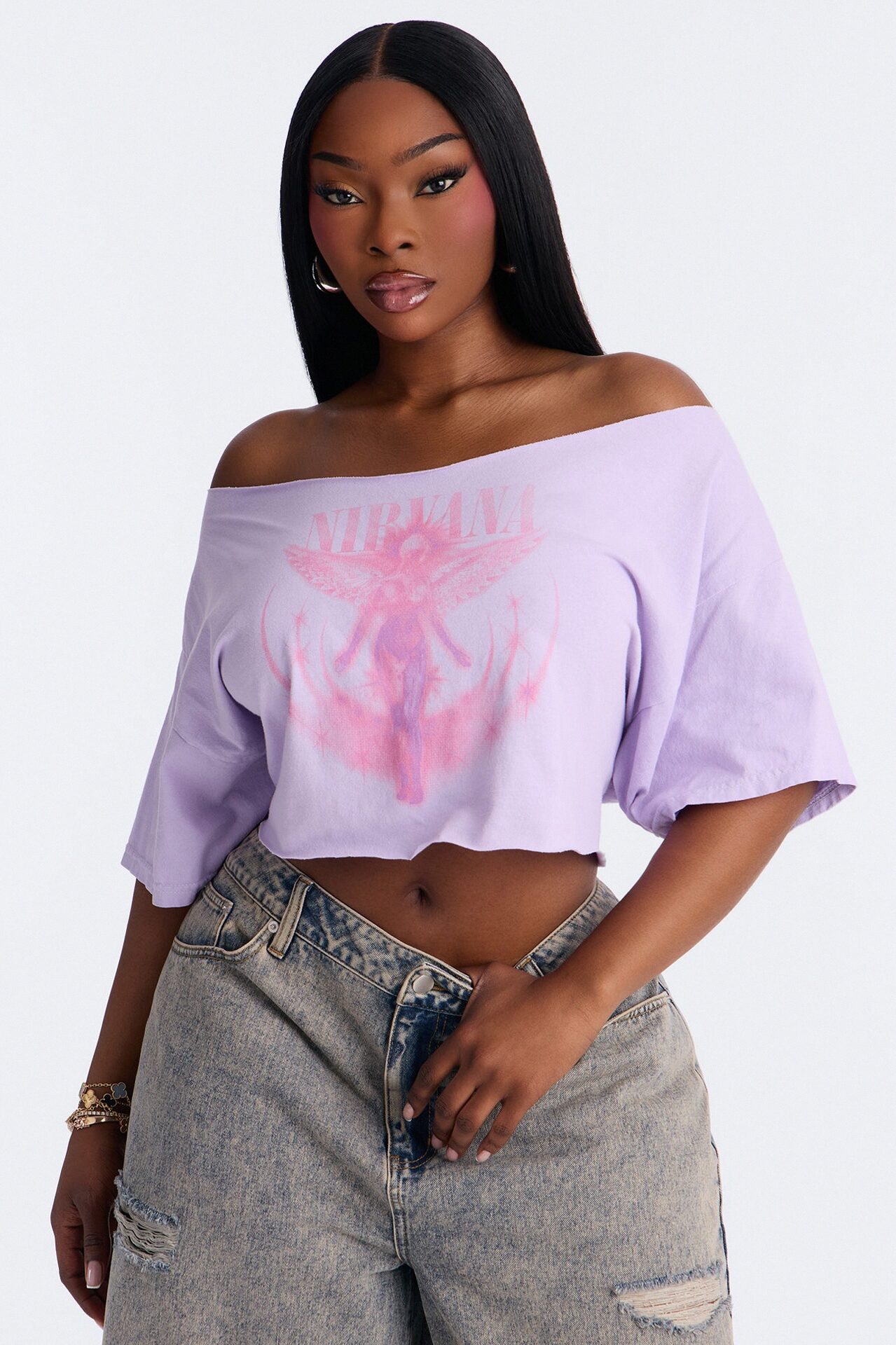 Nirvana Utero Off Shoulder Cropped Tee - Lavender