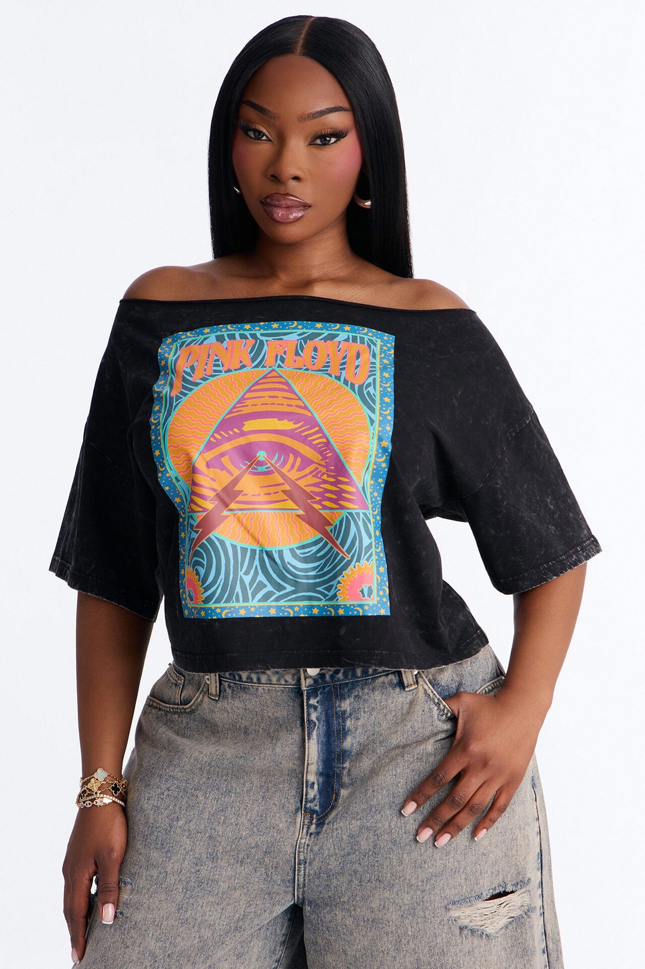 Pink Floyd Washed Off Shoulder Tee - Black Wash