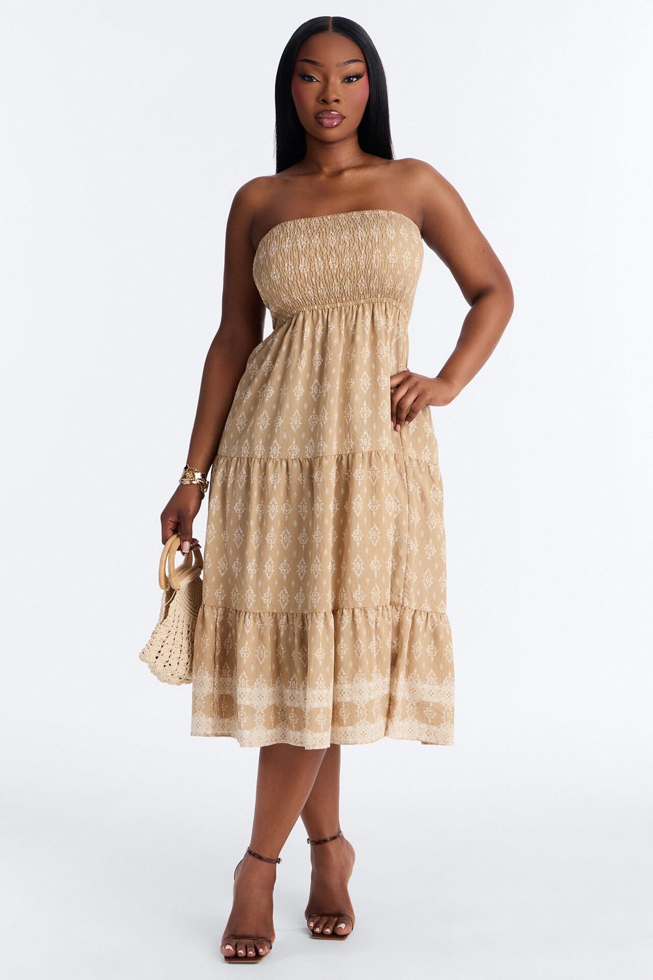 Noelle Strapless Print Midi Dress - Mocha/combo
