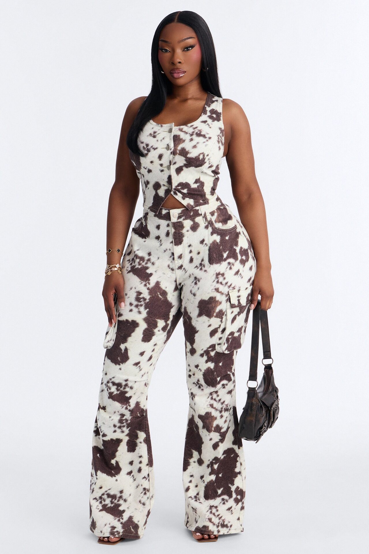 Very Western Vibes Print Denim Pant Set - Brown Combo