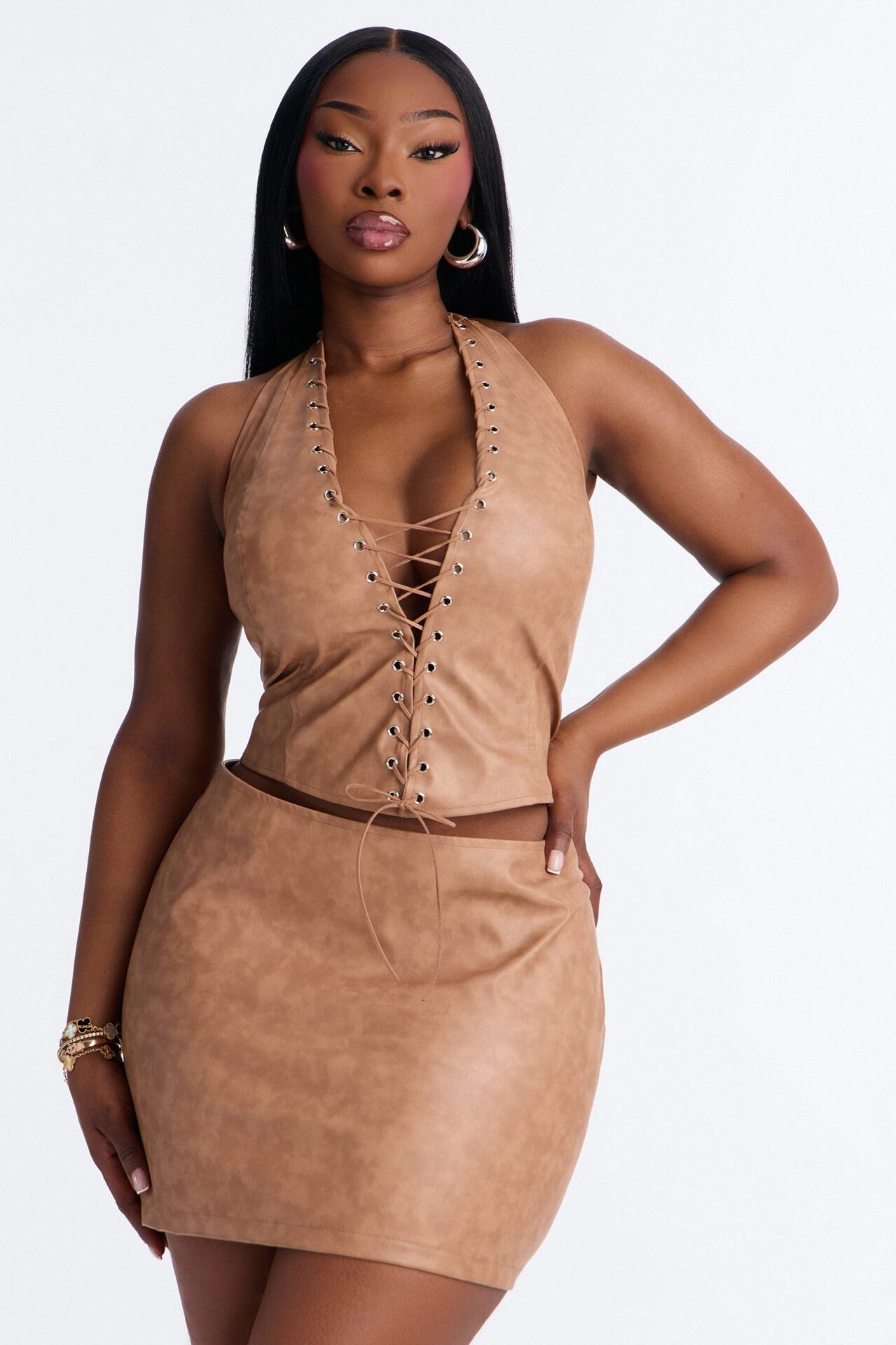Backstage Lace Up Faux Leather Mini Dress - Taupe