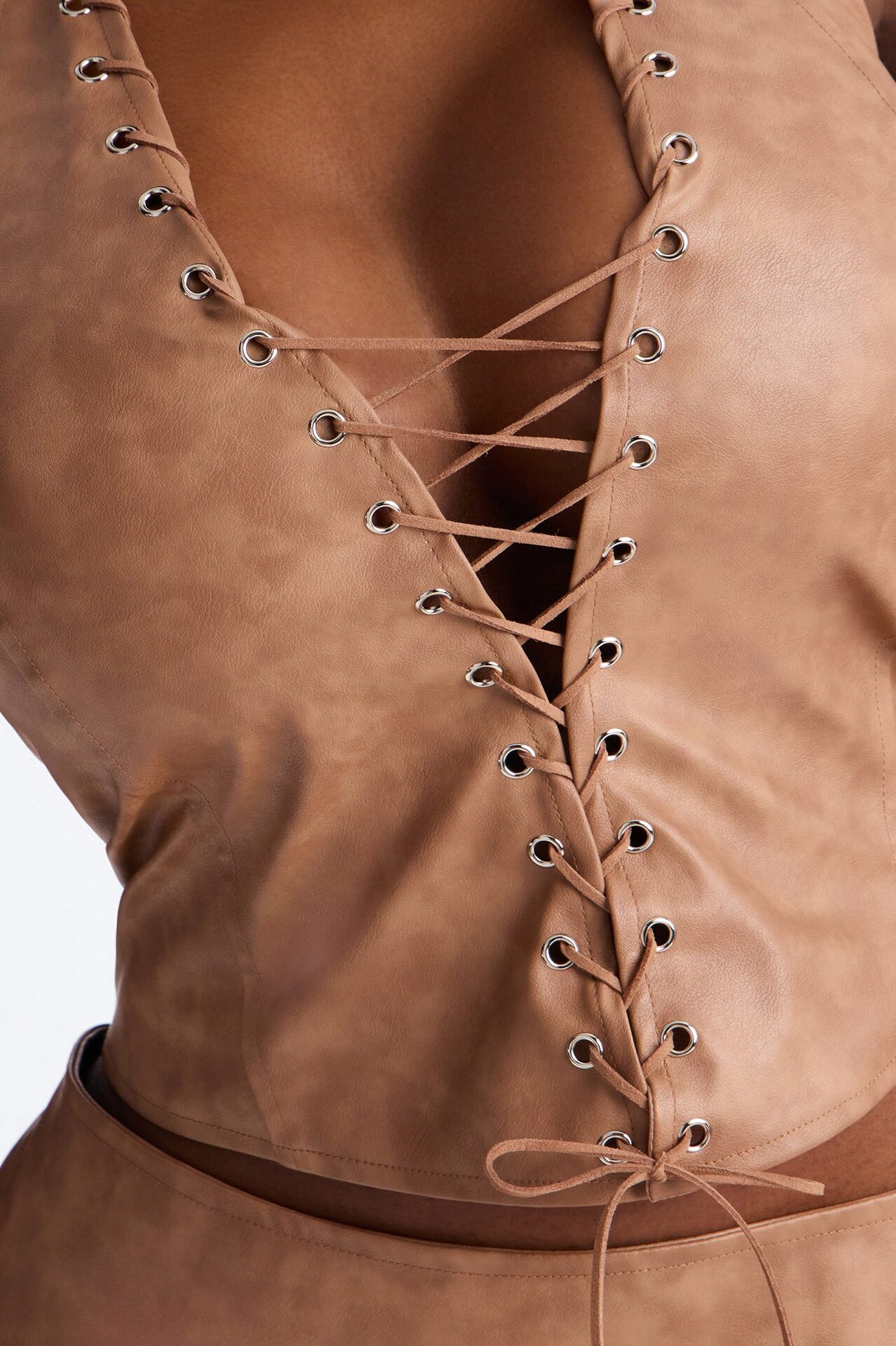 Backstage Lace Up Faux Leather Mini Dress - Taupe