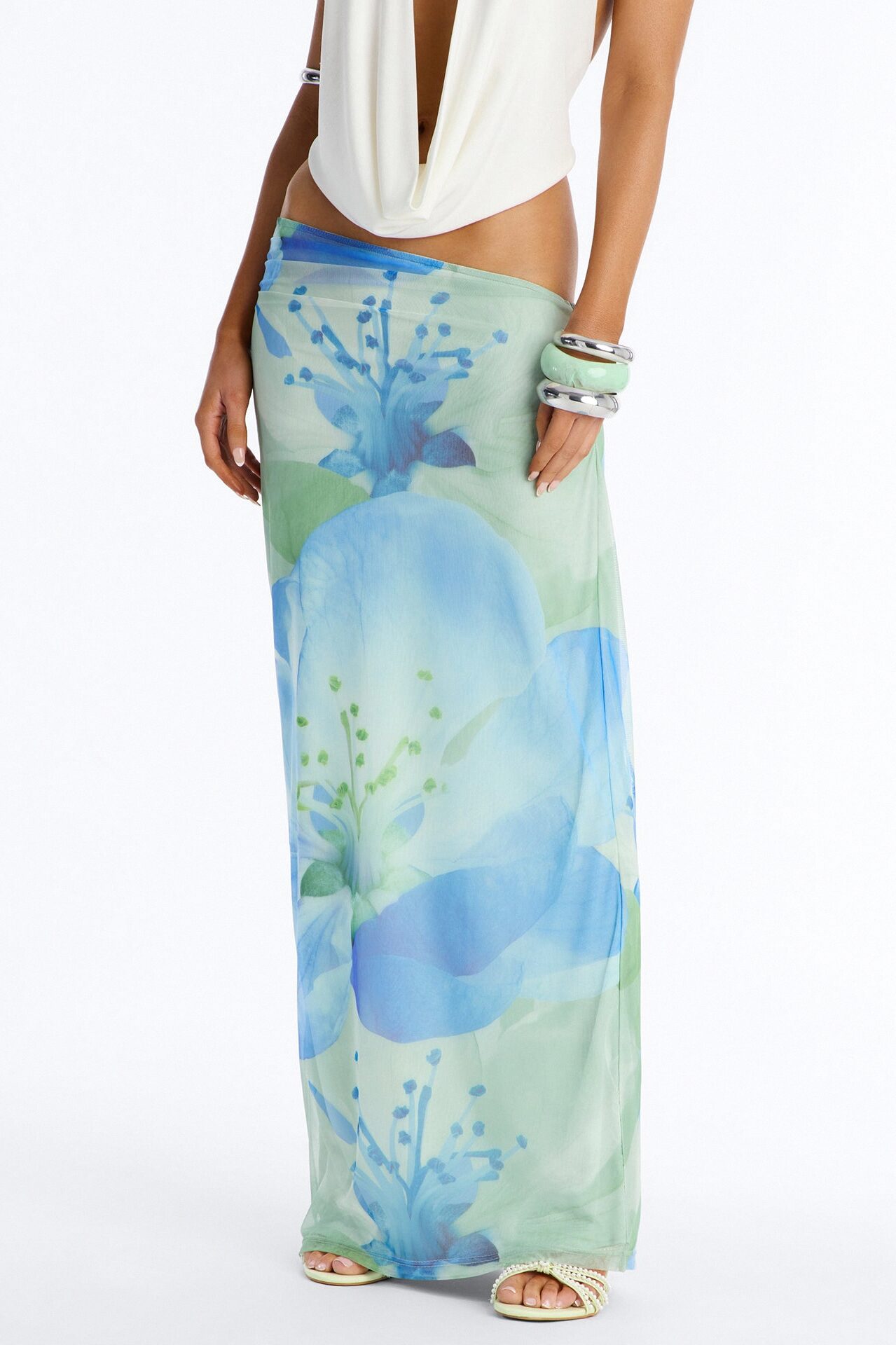 Izzie Asymmetrical Floral Mesh Maxi Skirt - Blue/combo