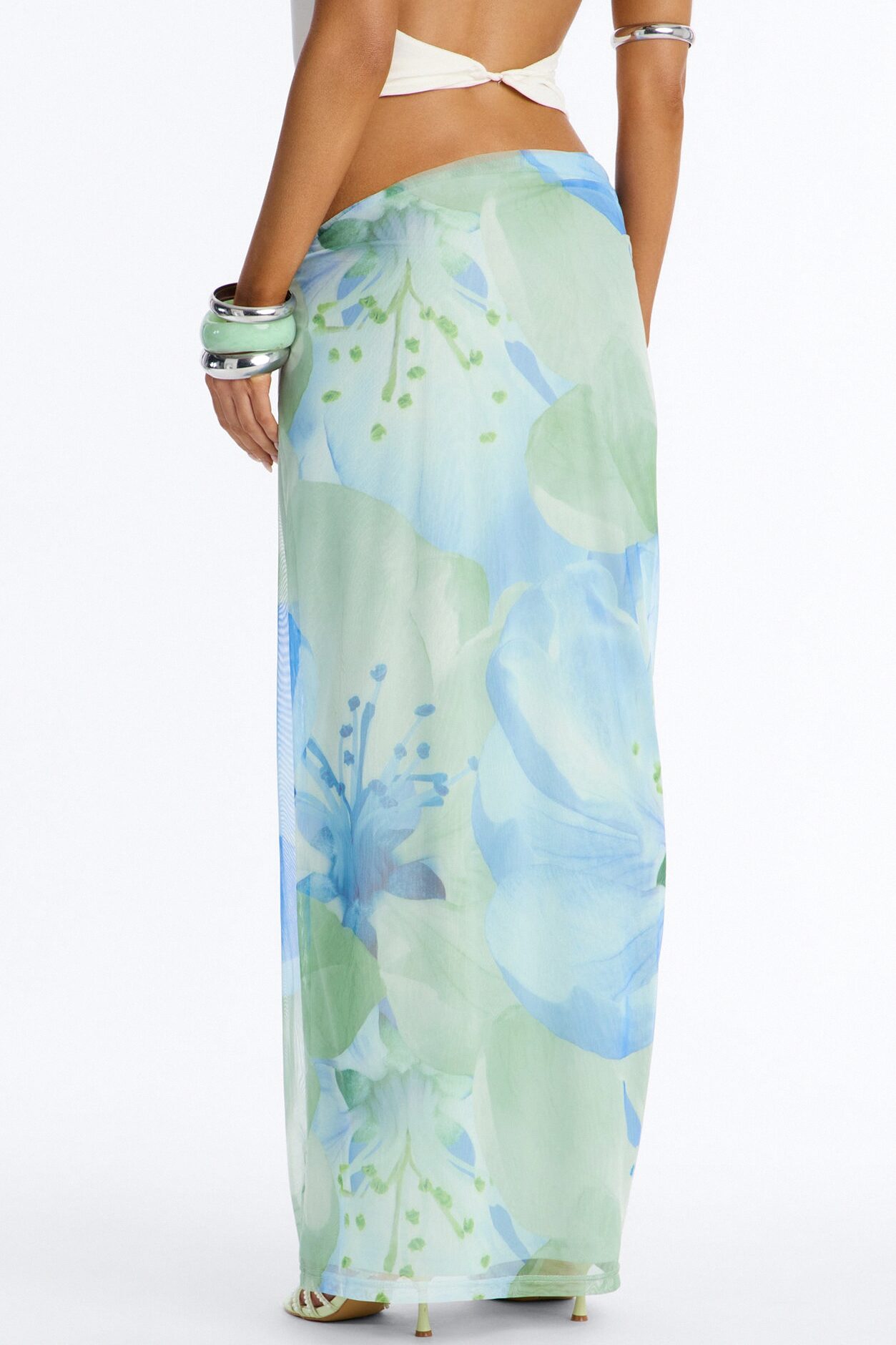 Izzie Asymmetrical Floral Mesh Maxi Skirt - Blue/combo