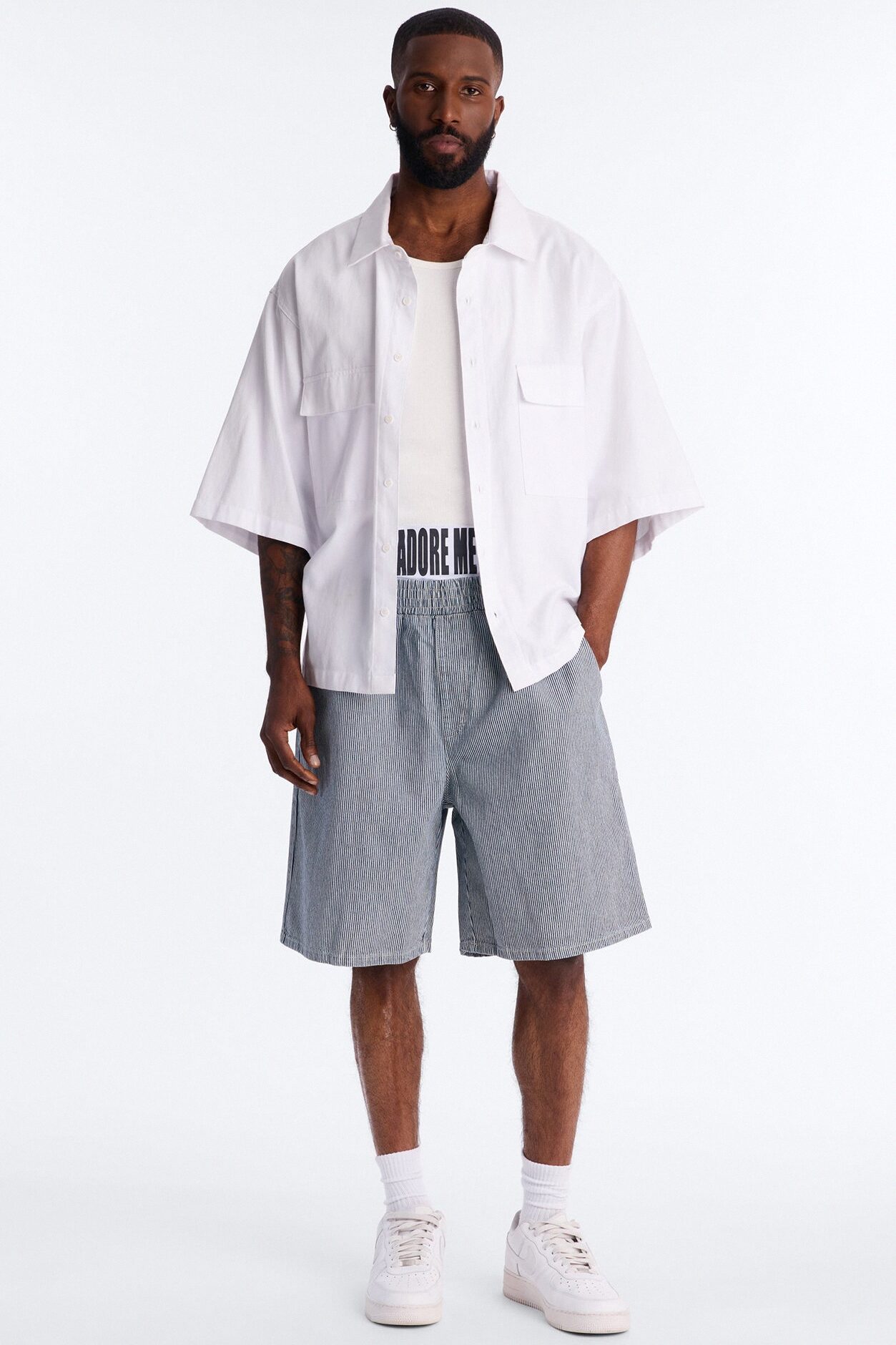 Relaxed Adore Me Double Waistband Pinstripe Short - White/Blue