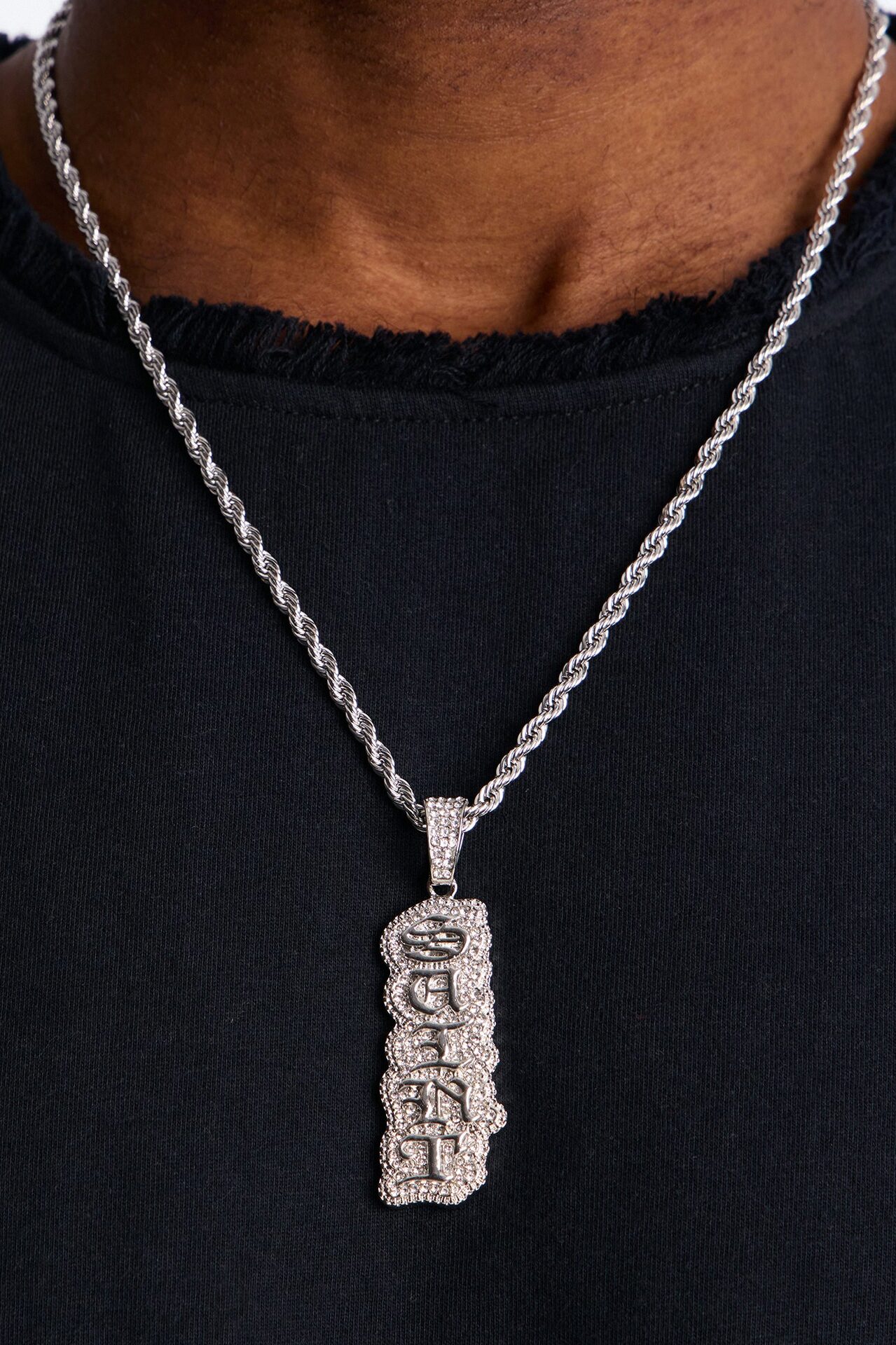 Saint Script Vertical Iced Pendant Necklace - Silver