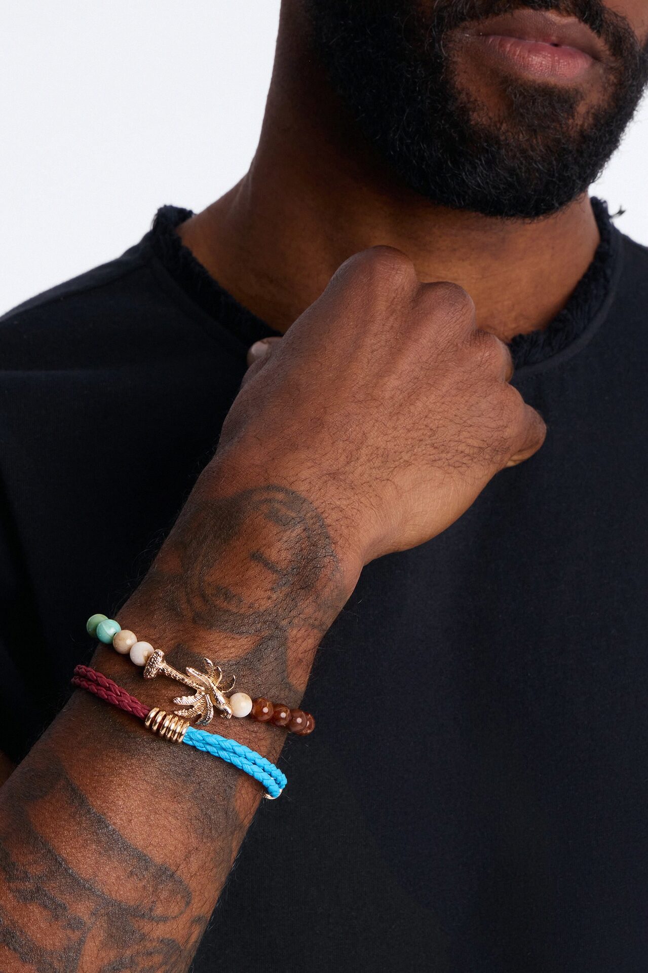 Palm Mixed Material Bead Bracelet Set - Gold/Multi