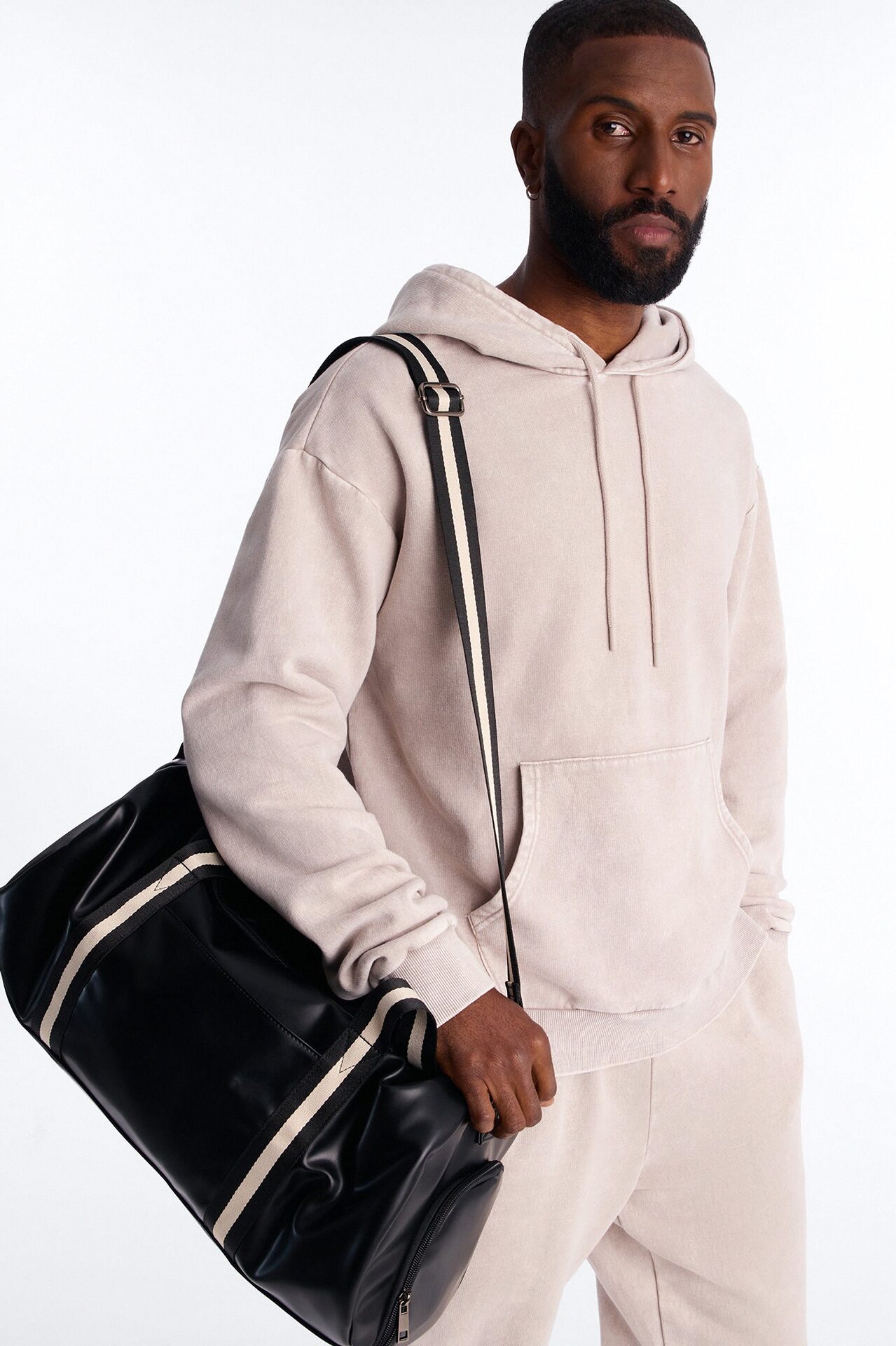 Contrast Strap Mid Size Faux Leather Duffle Bag - Black