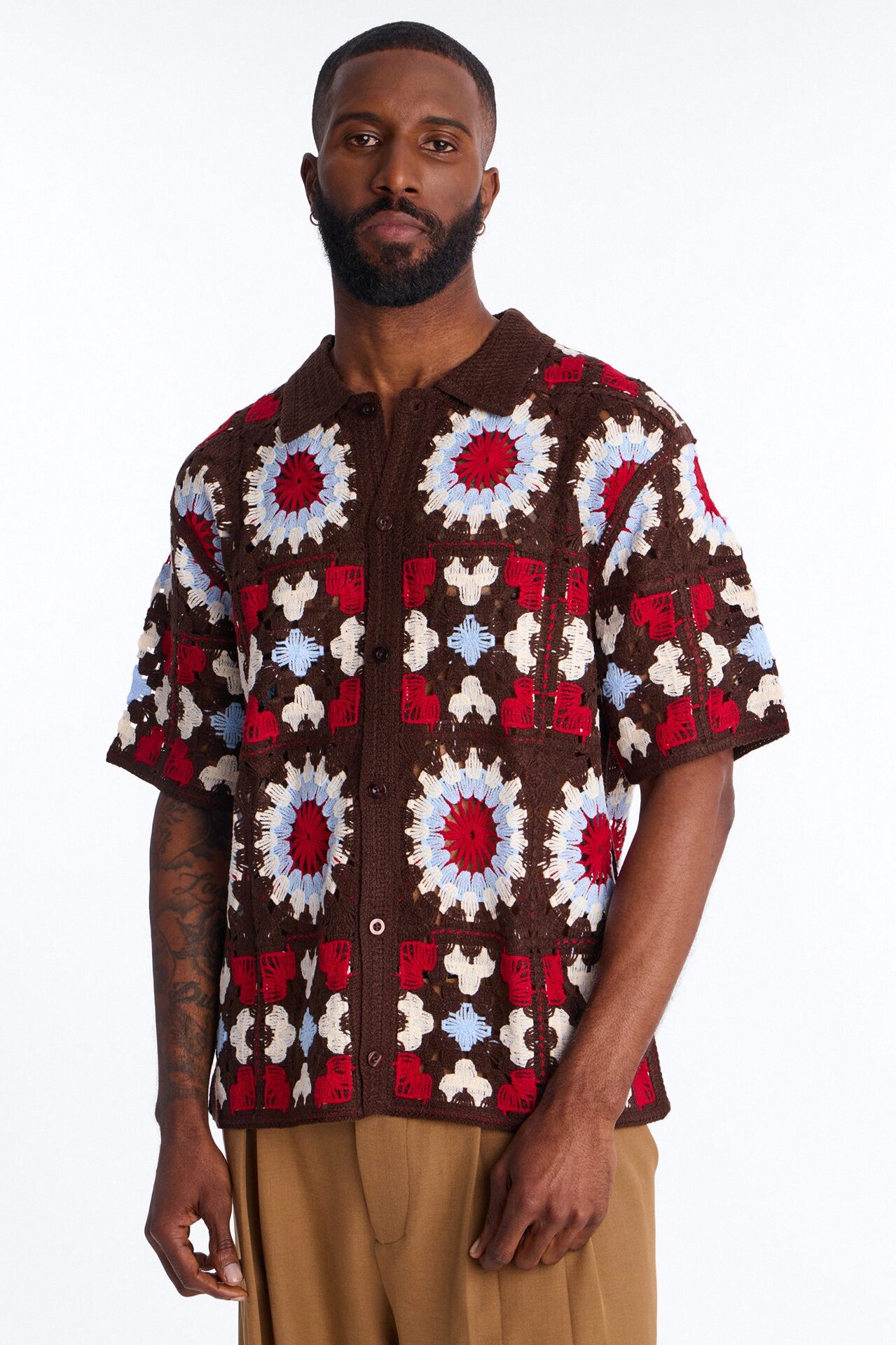 Desert Hues Crochet Button Up Shirt - Brown