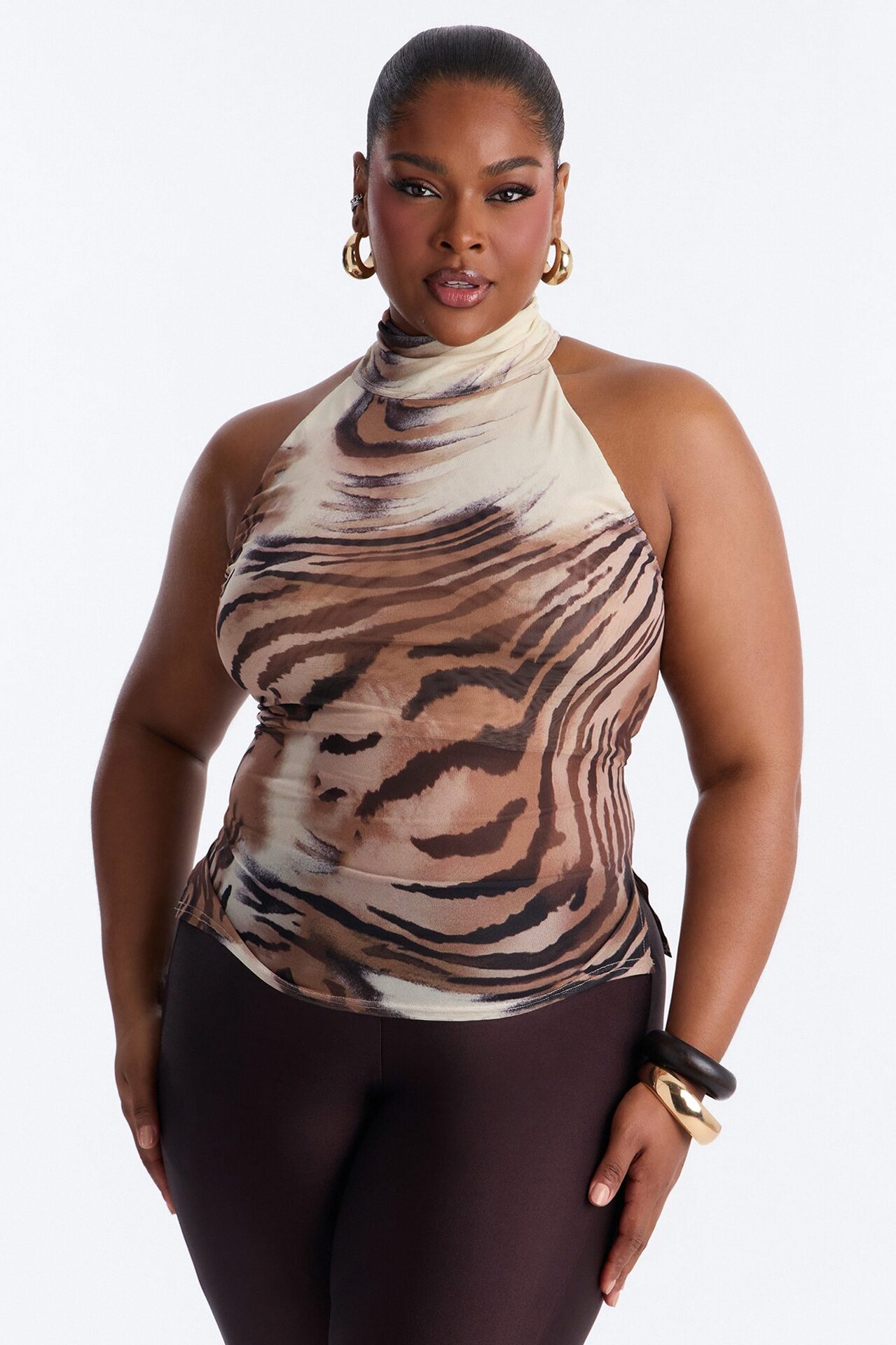 Fierce Tiger Mesh High Neck Sleeveless Top - Taupe/combo