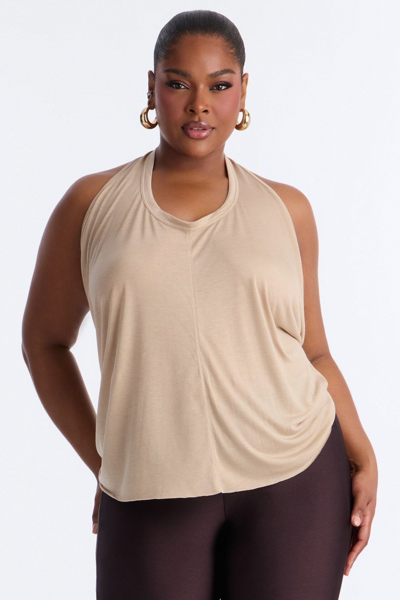 Cameron Sheer Scoop Neck Halter Top - Taupe
