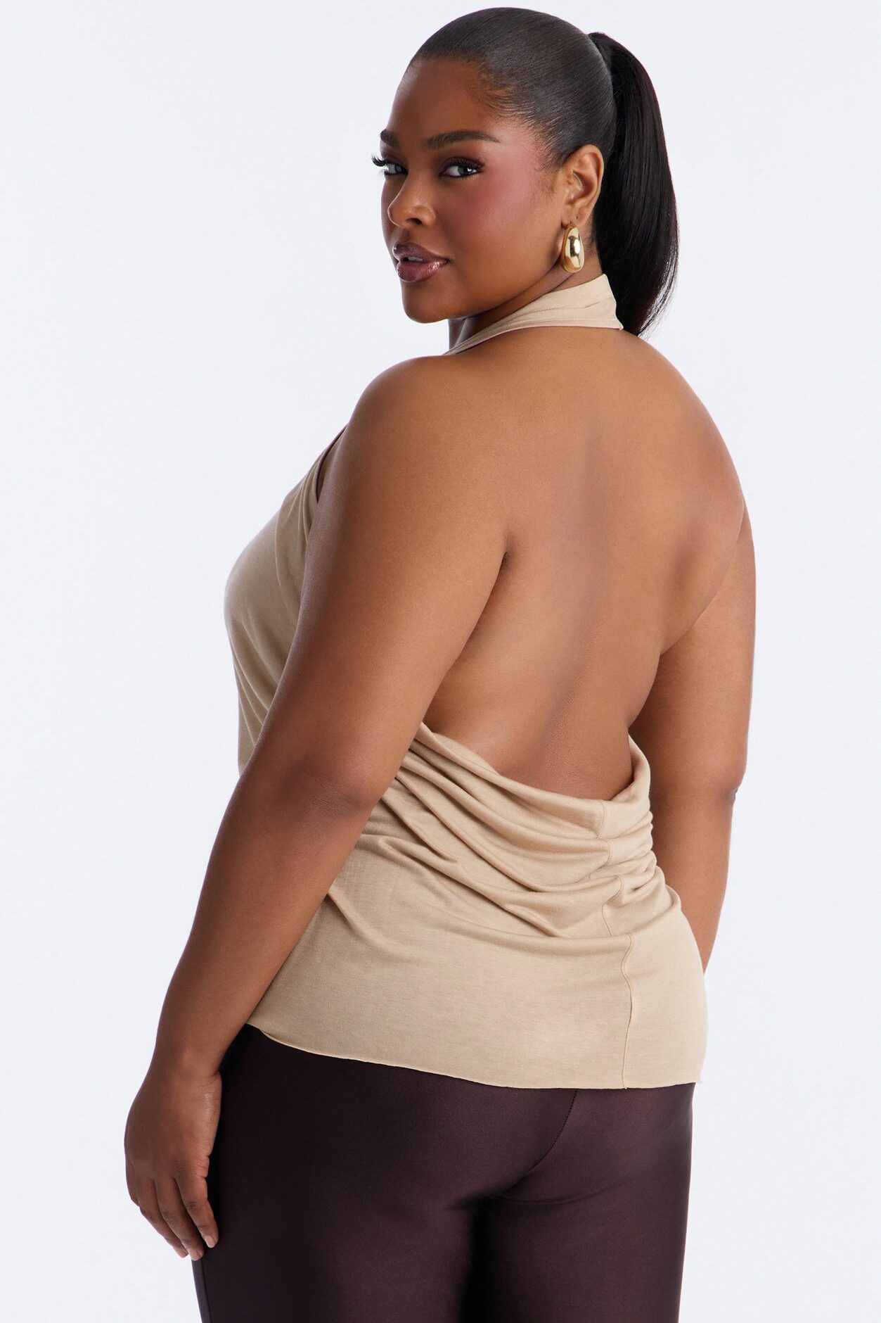 Cameron Sheer Scoop Neck Halter Top - Taupe