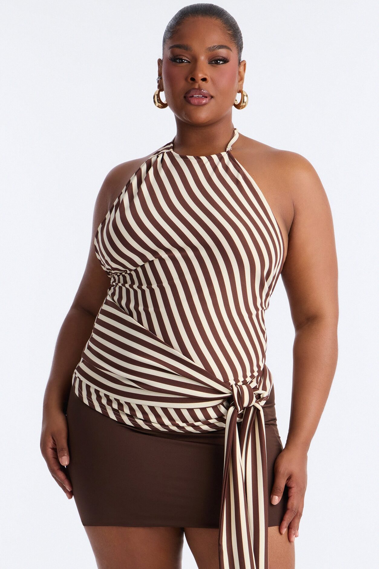 Steph Striped Draped Tie Halter Top - Mocha/combo