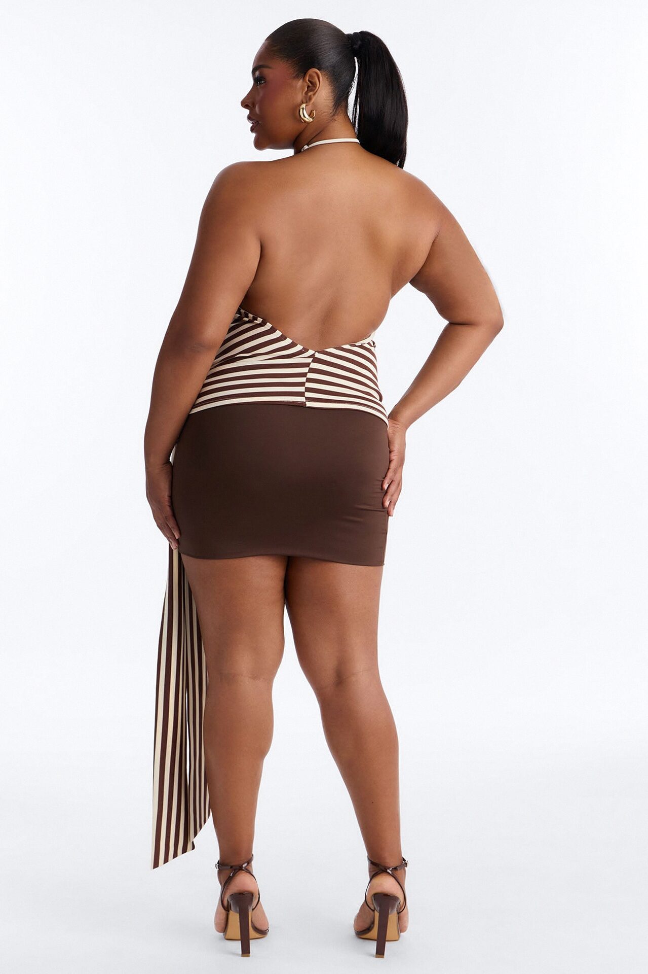 Steph Striped Draped Tie Halter Top - Mocha/combo