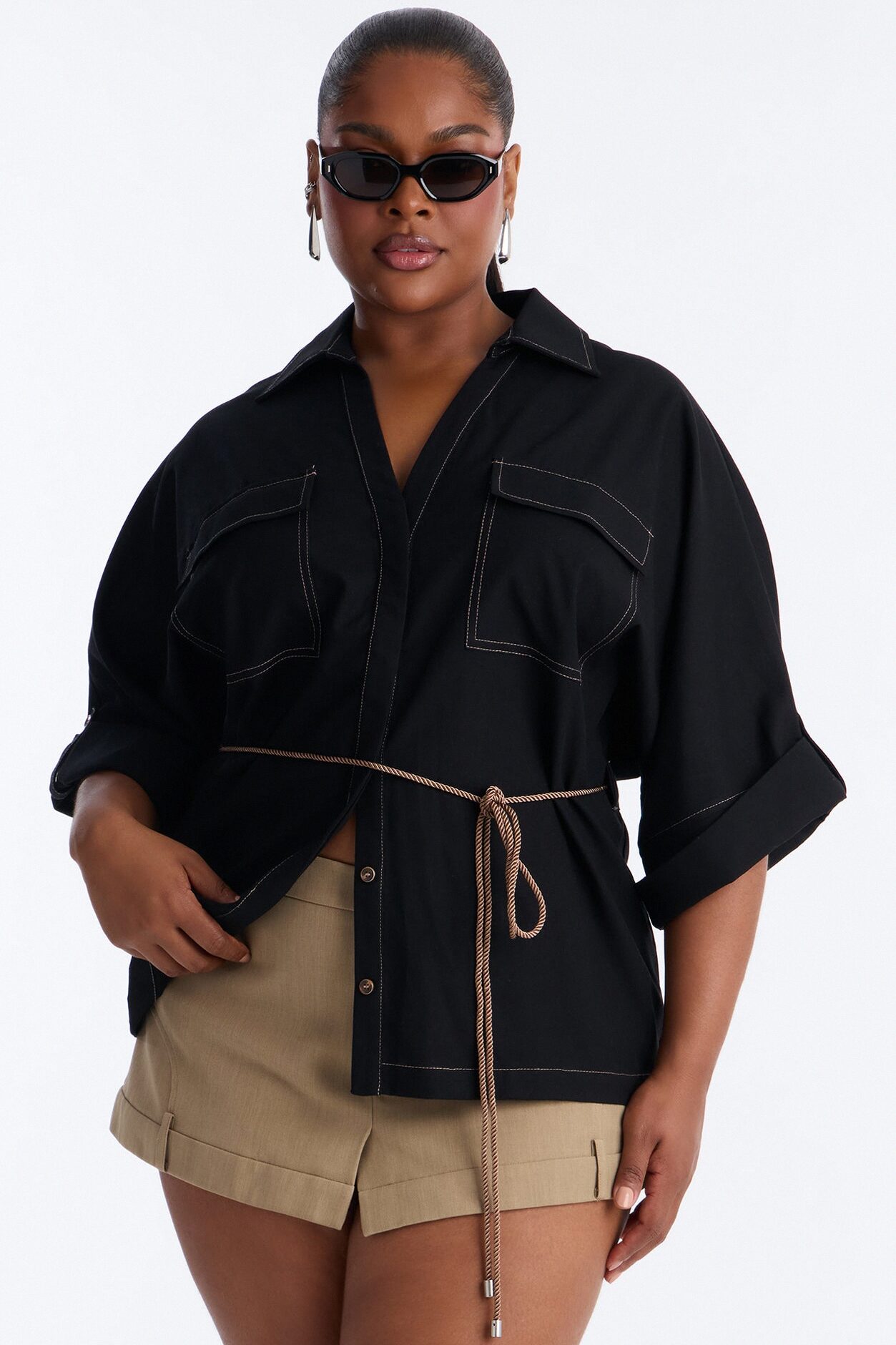 Casual Class Belted Linen Shirt - Black