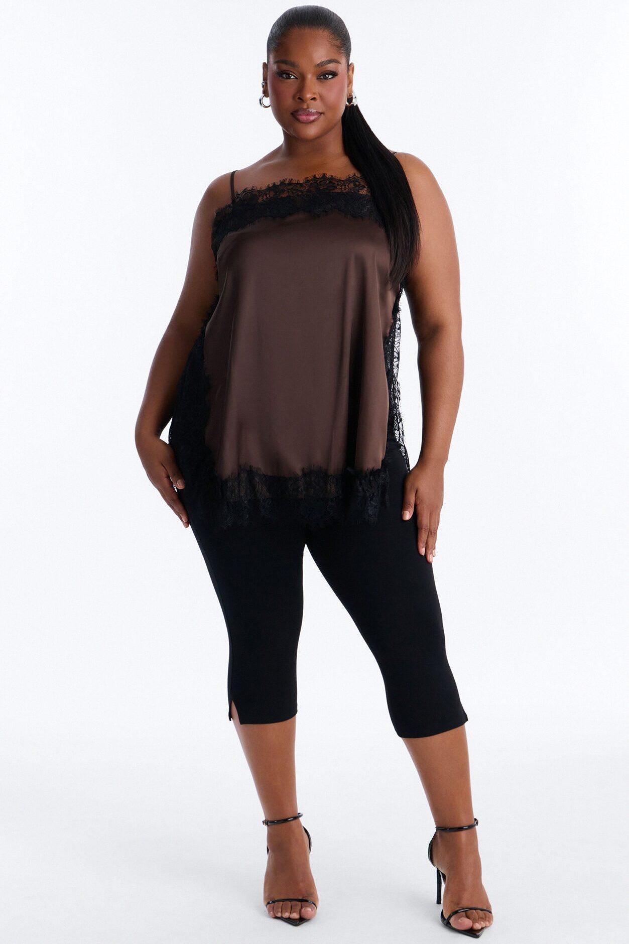 No Filter Needed Lace Trim Satin Top - Brown/combo