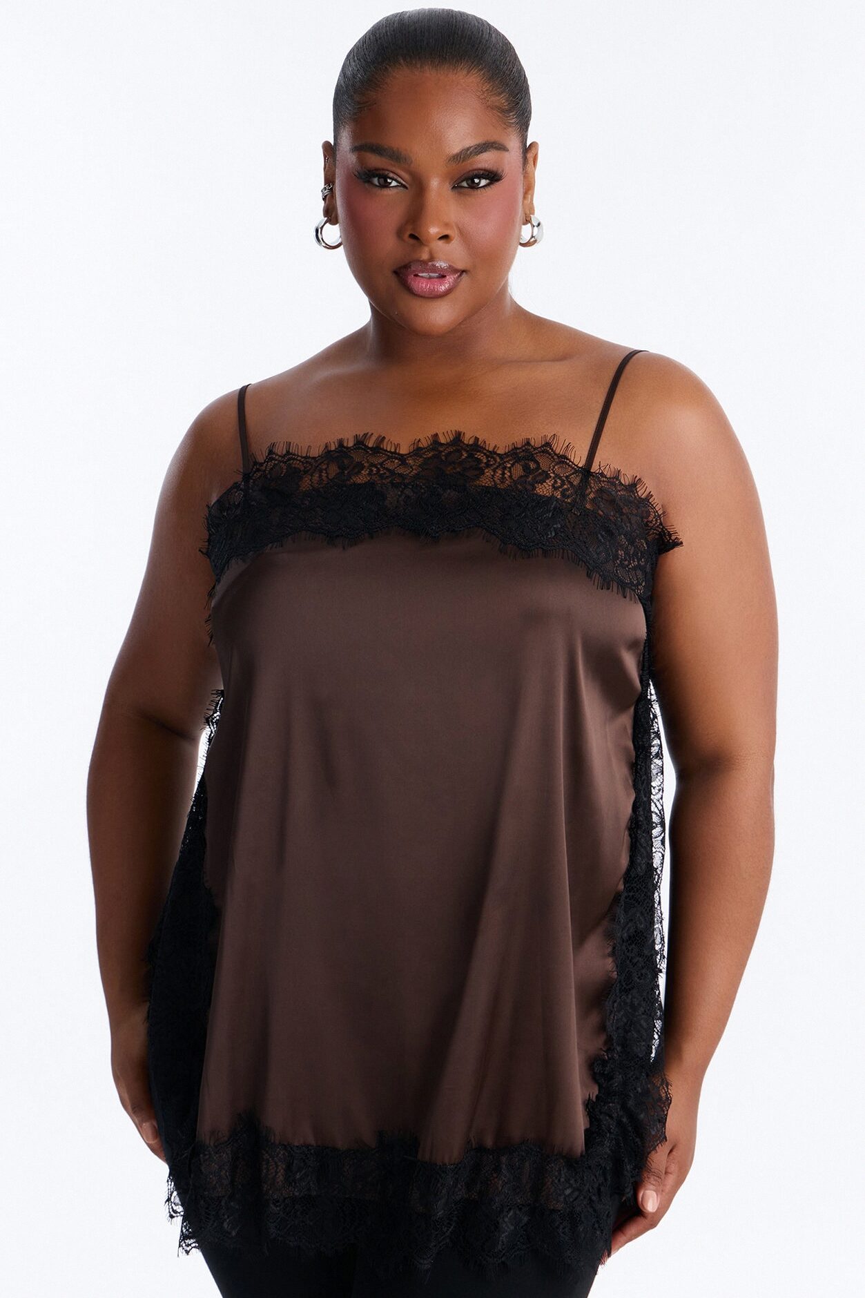 No Filter Needed Lace Trim Satin Top - Brown/combo