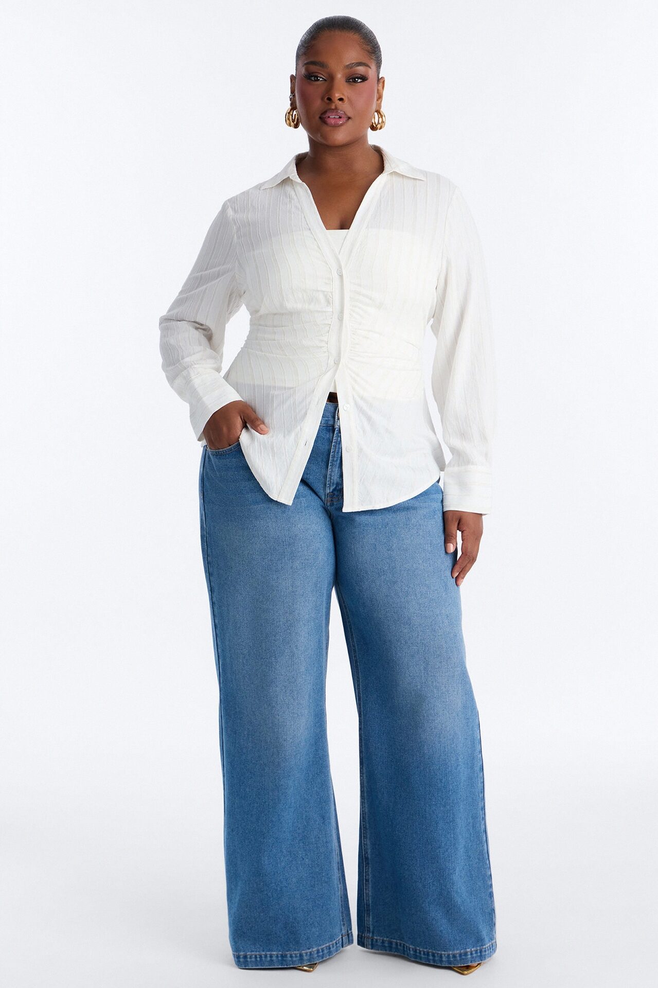 Spring Walks Ruched Linen Shirt - White