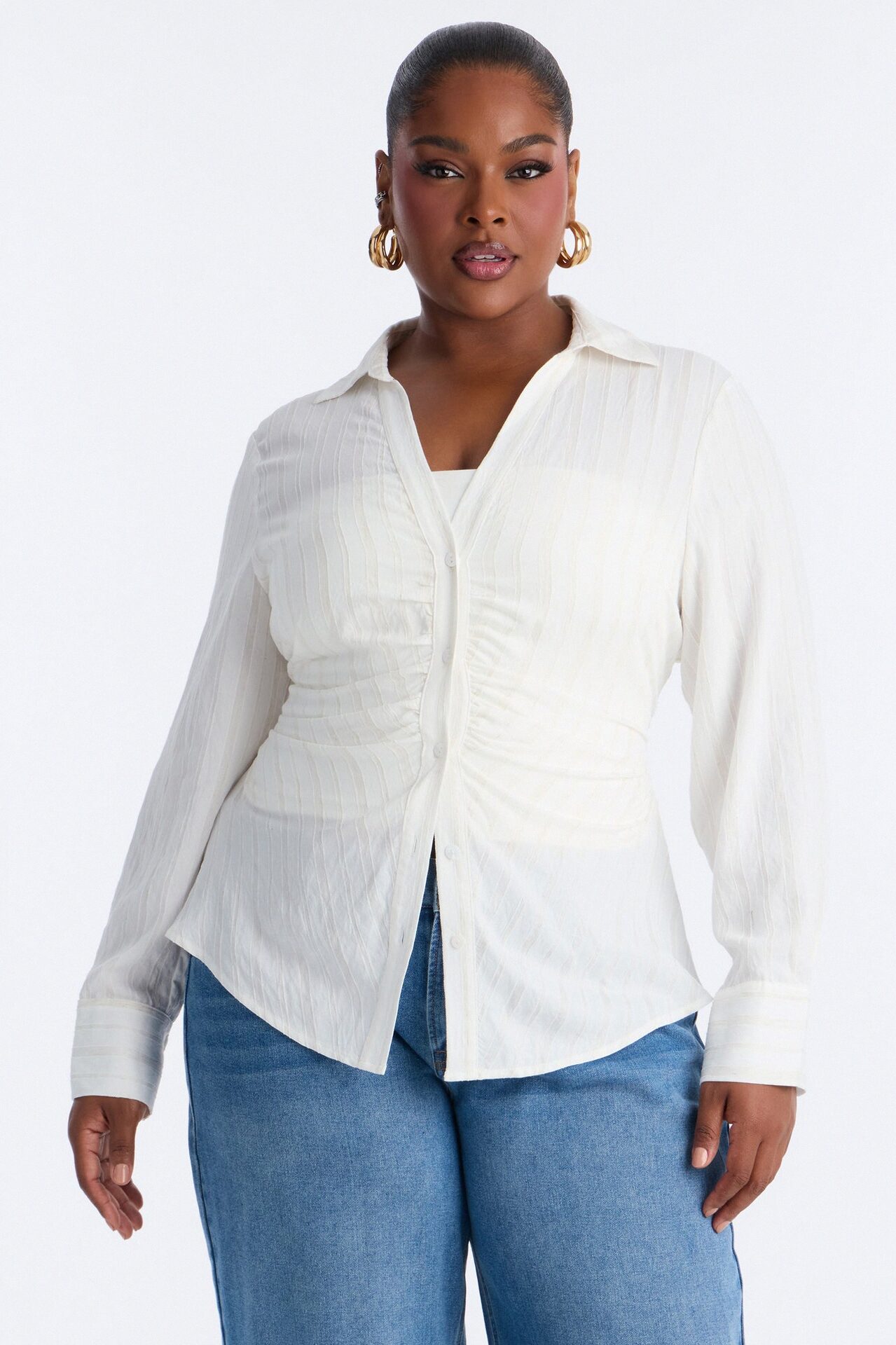Spring Walks Ruched Linen Shirt - White