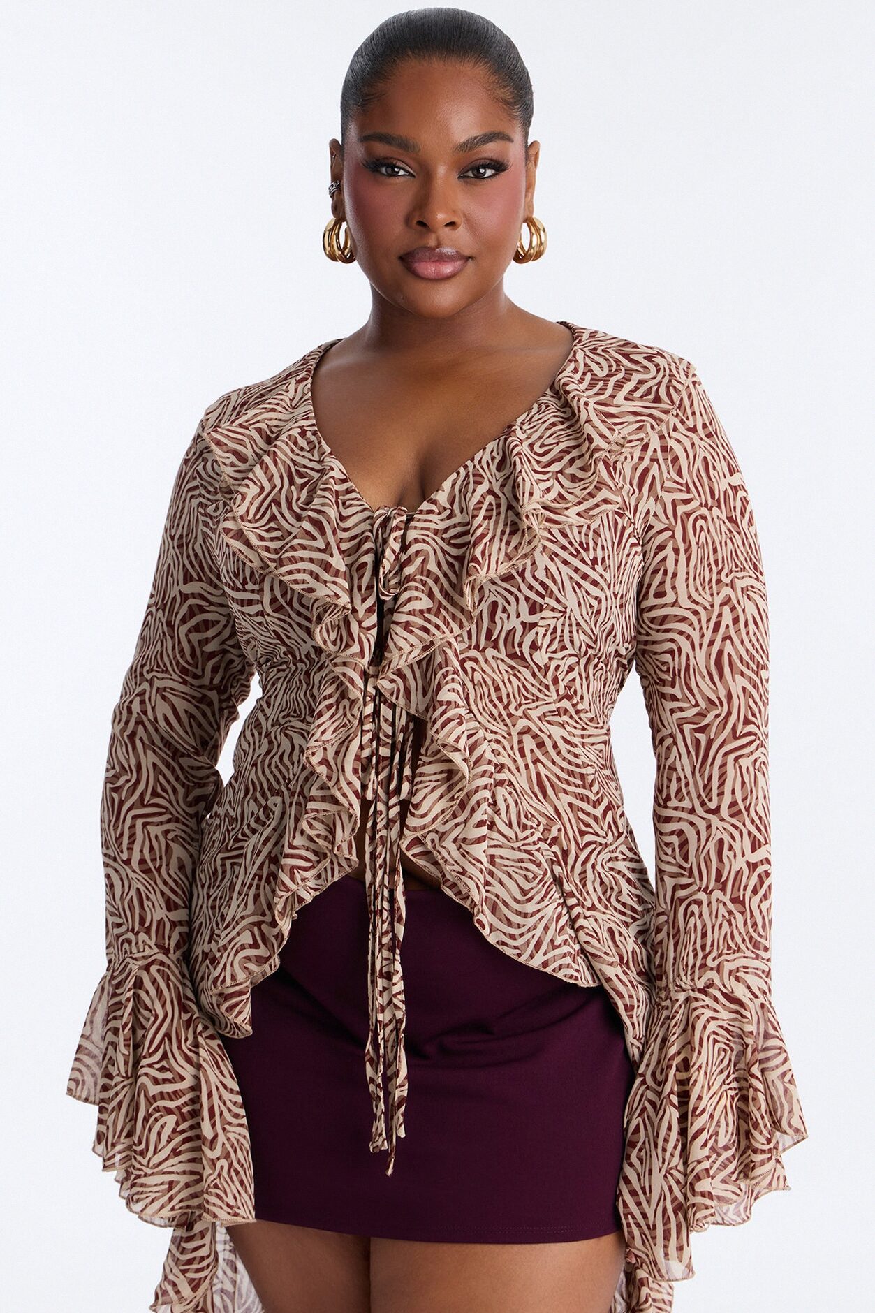 Leona Long Ruffle Chiffon Flyaway Top - Red/combo