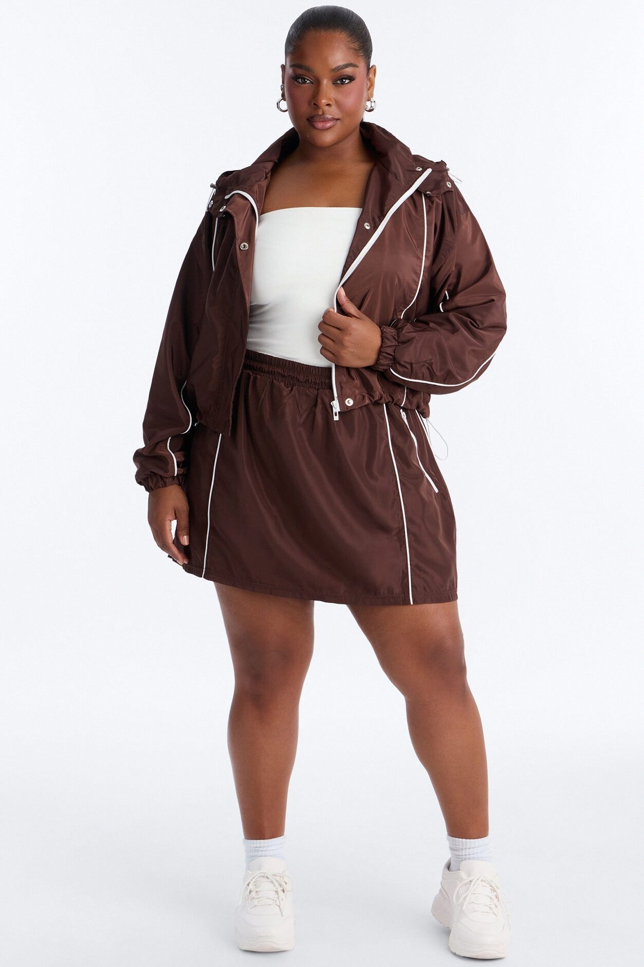 Keep It Lowkey Windbreaker Hooded Contrast Jacket - Brown/combo