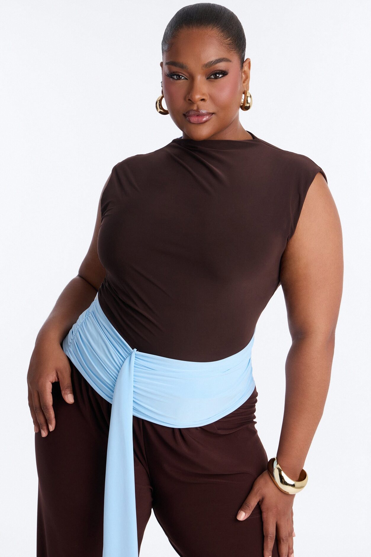 Cierra Draped Ruched Short Sleeve Top - Brown/combo